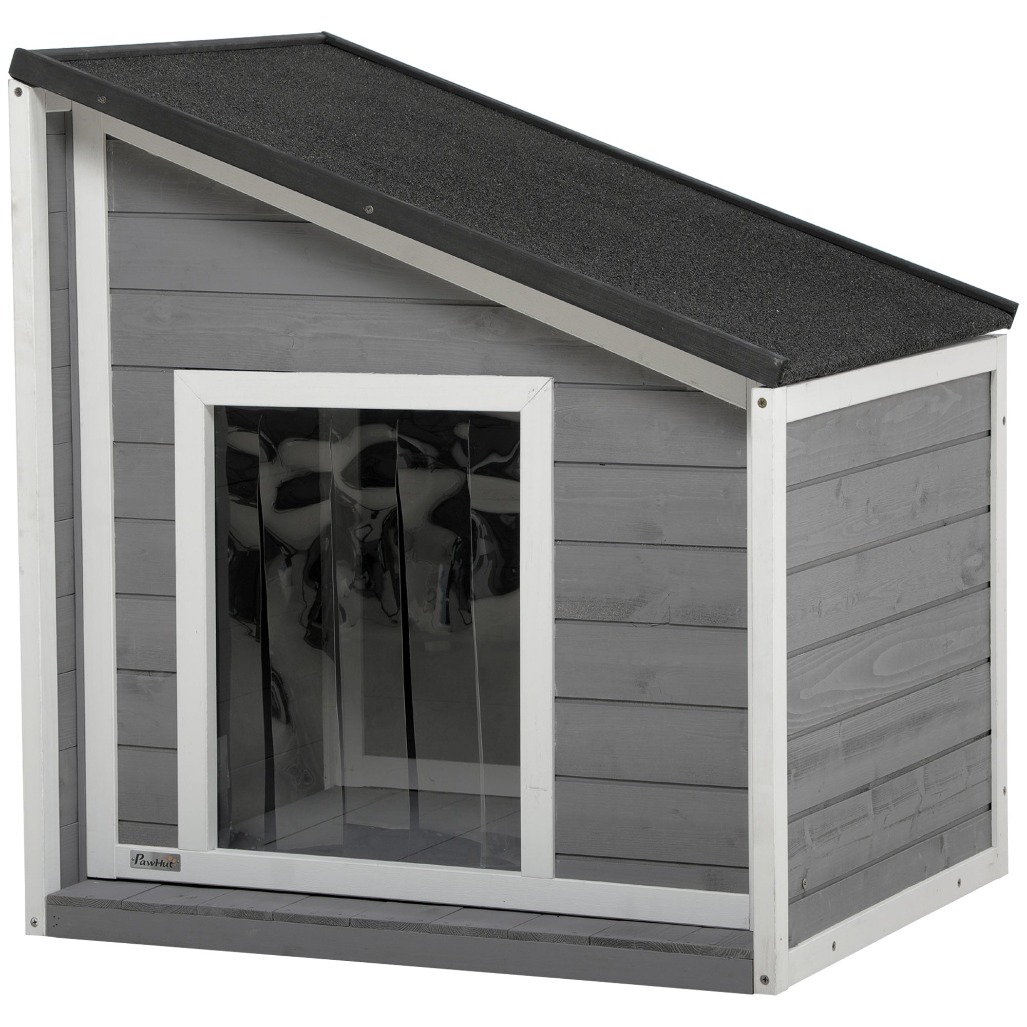 PawHut Hundehütte aus Massivholz, wetterbeständig, Asphaltdach, 71 cm x 58 cm x 77 cm, Grau + Weiß