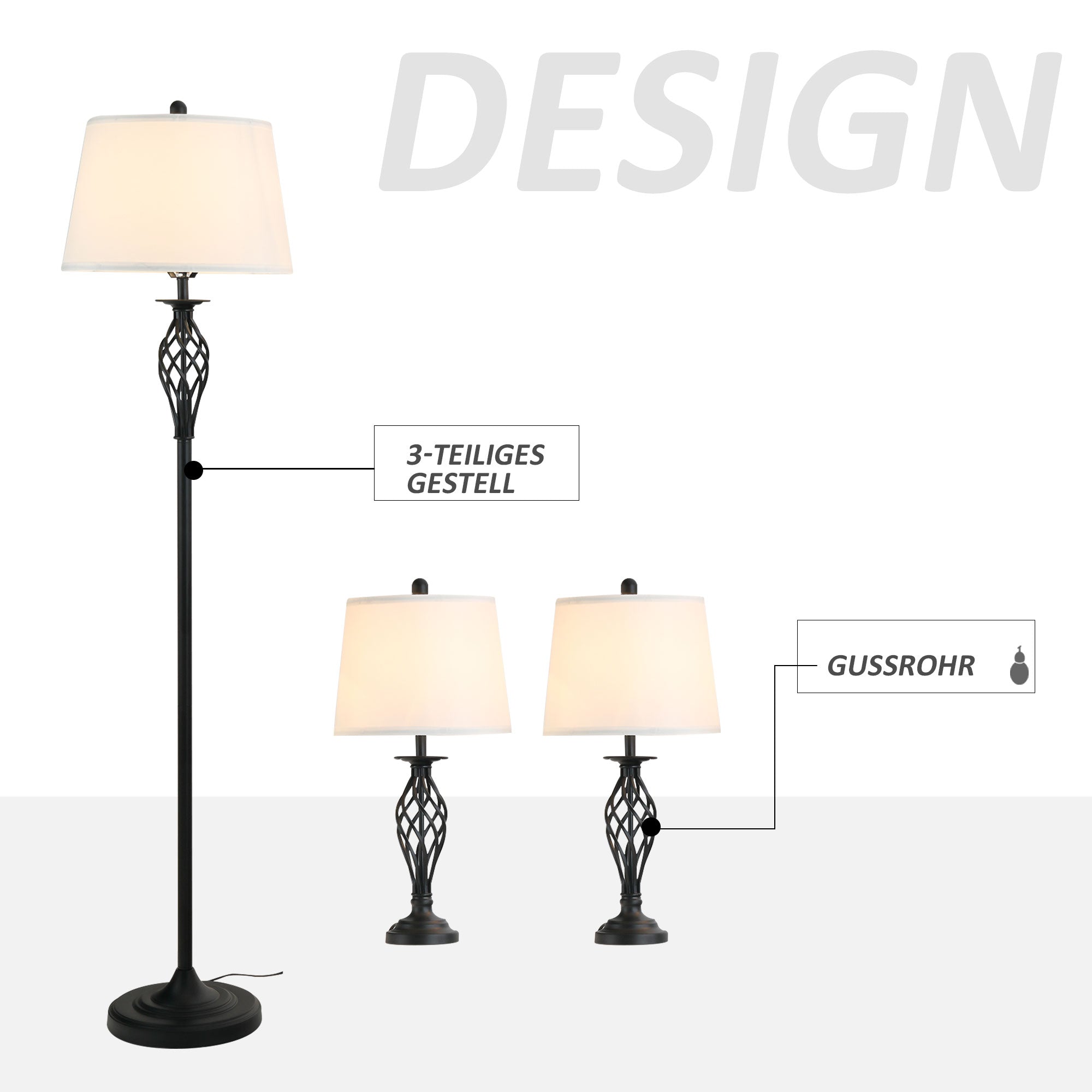 HOMCOM 3er-Lampenset 2 Tischlampe(ø38 x 158H cm) + 1 Stehlampe(ø30 x 62H cm) Metall, PS, Polyester, Baumwolle, Vintage, Schwarz+Weiß