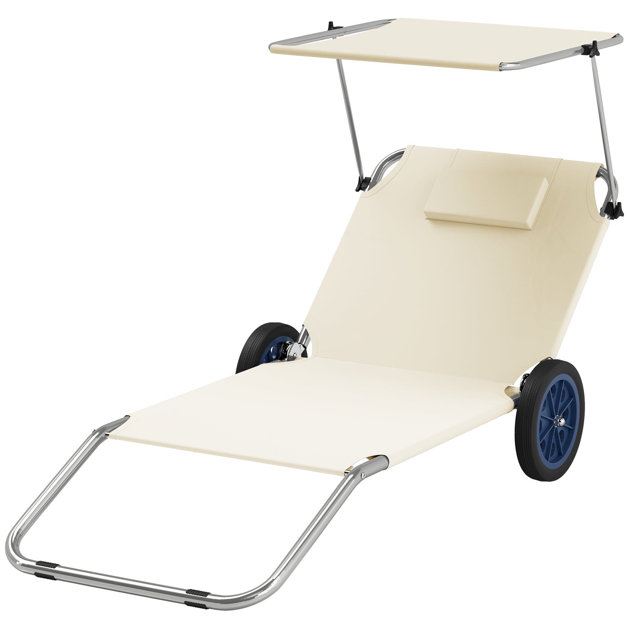 Outsunny Sonnenliege klappbar Gartenliege mit Kopfkissen Dach, Rolle Liegestuhl mit verstellbare Rückenlehne Beige