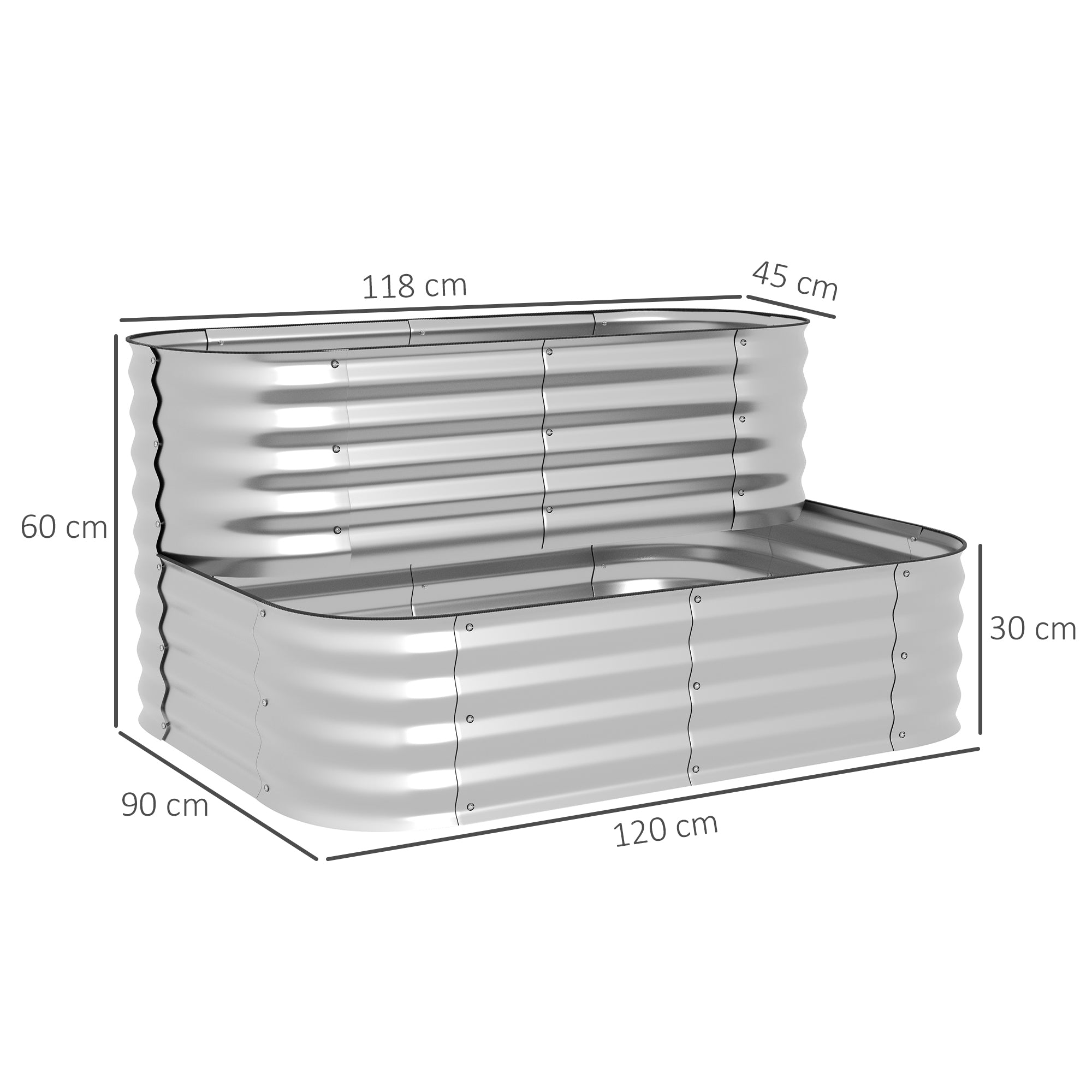 Outsunny Hochbeet aus Metall, 2 Etagen, witterungsfest, offener Boden, 120 x 90 x 30cm, Farbe: Silber
