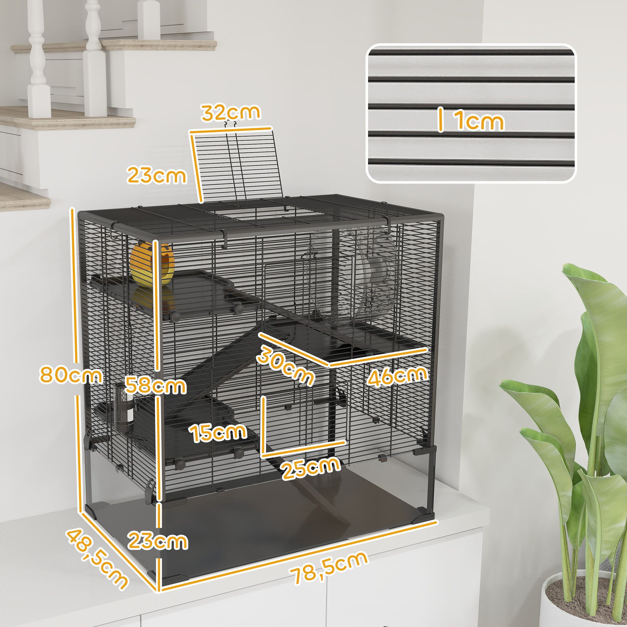 PawHut Hamsterkäfig mit Glasboden, 4-stufiges Hamstergehege mit Hütte und Zubehör, 78,5L x 48,5B x 80H cm, Schwarz