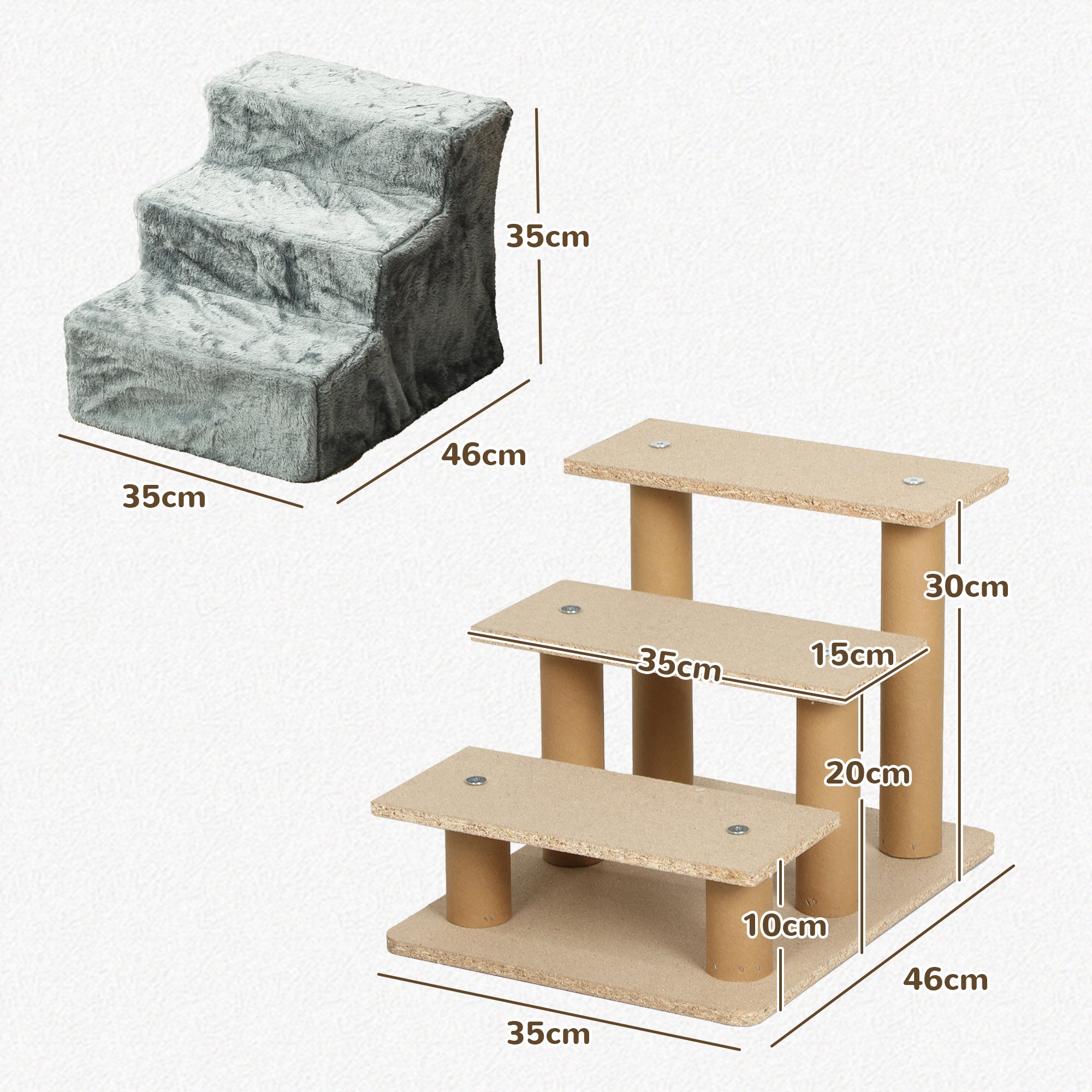 PawHut Faltbare Haustiertreppe, 3 Stufen, waschbarer Plüschbezug, Spanplatte, 46 x 35 x 35 cm, Hellgrau