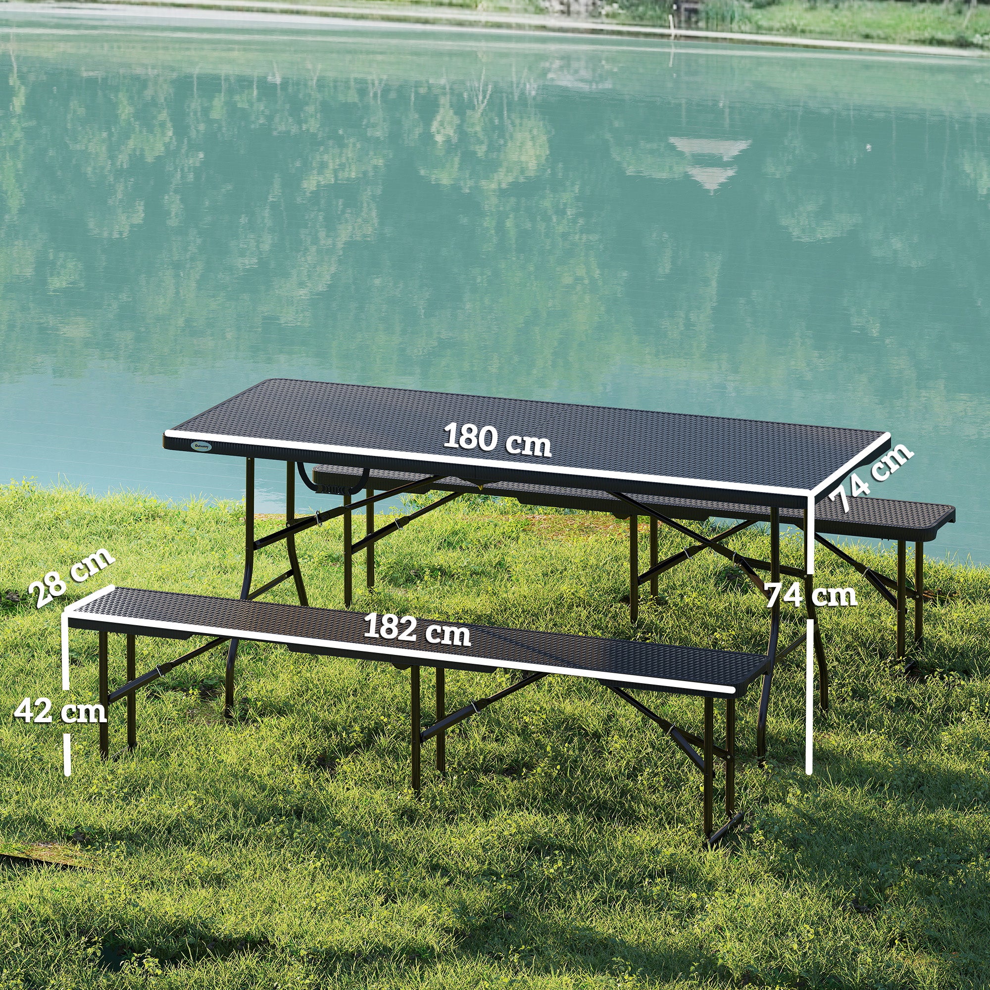 Outsunny Picknicktisch und Bänke, 3-teiliges Set, faltbar, Kunststoff, Metall, Schwarz
