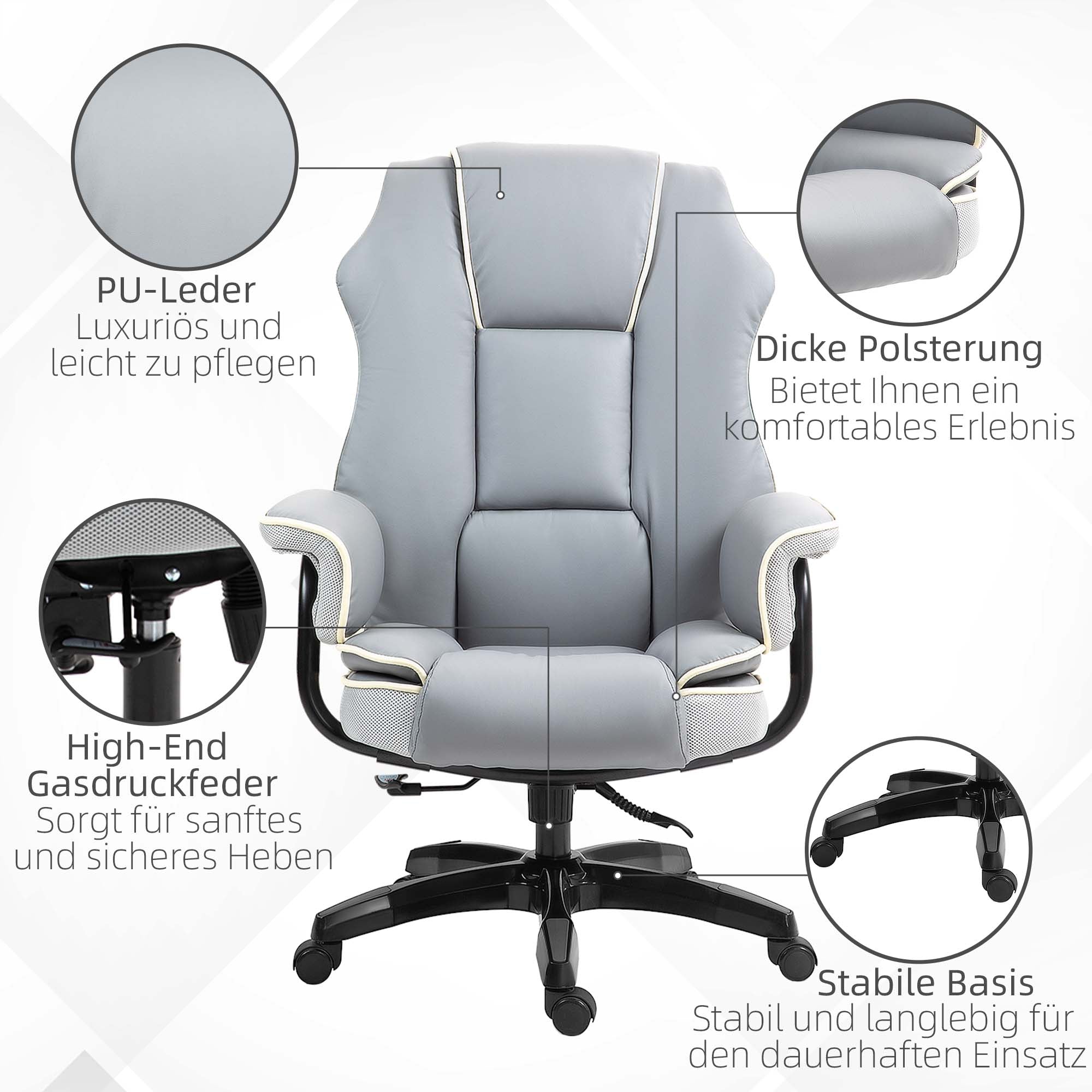Vinsetto Ergonomischer Bürostuhl, extra gepolstert, Liegefunktion, Kunstleder, 76x80x118-124 cm, Hellgrau