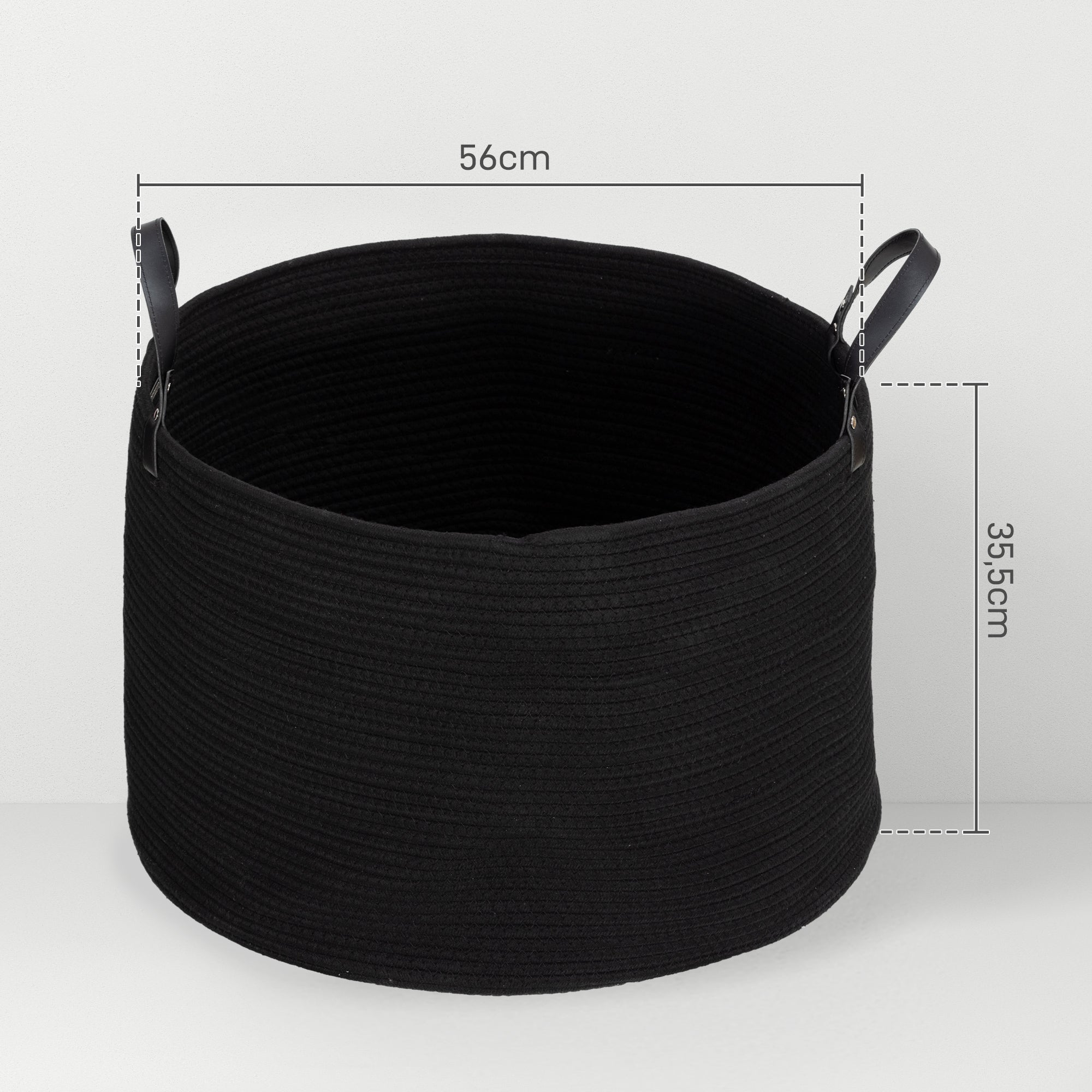 HOMCOM Wäschesack, 88L, tragbar, faltbar, Kunstledergriffe, Baumwolle, Ø56 x 35,5H cm, Schwarz