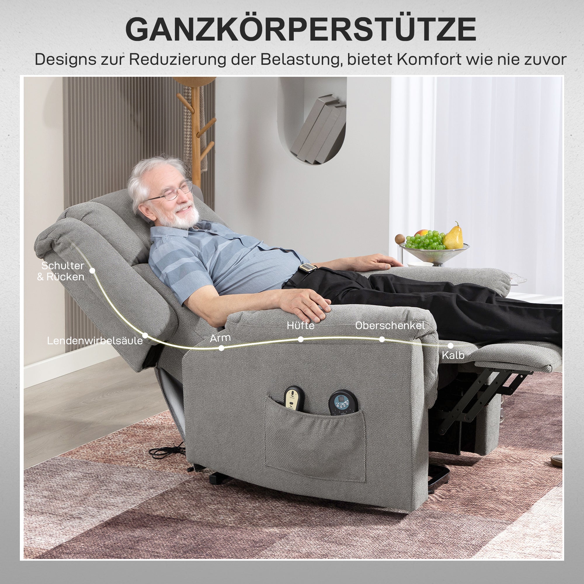 HOMCOM Powerlift-Sessel, Massagesessel mit Wärmefunktion, Polstersessel mit Fußstütze, Seitentasche, Stoffbezug, Dunkelgrau