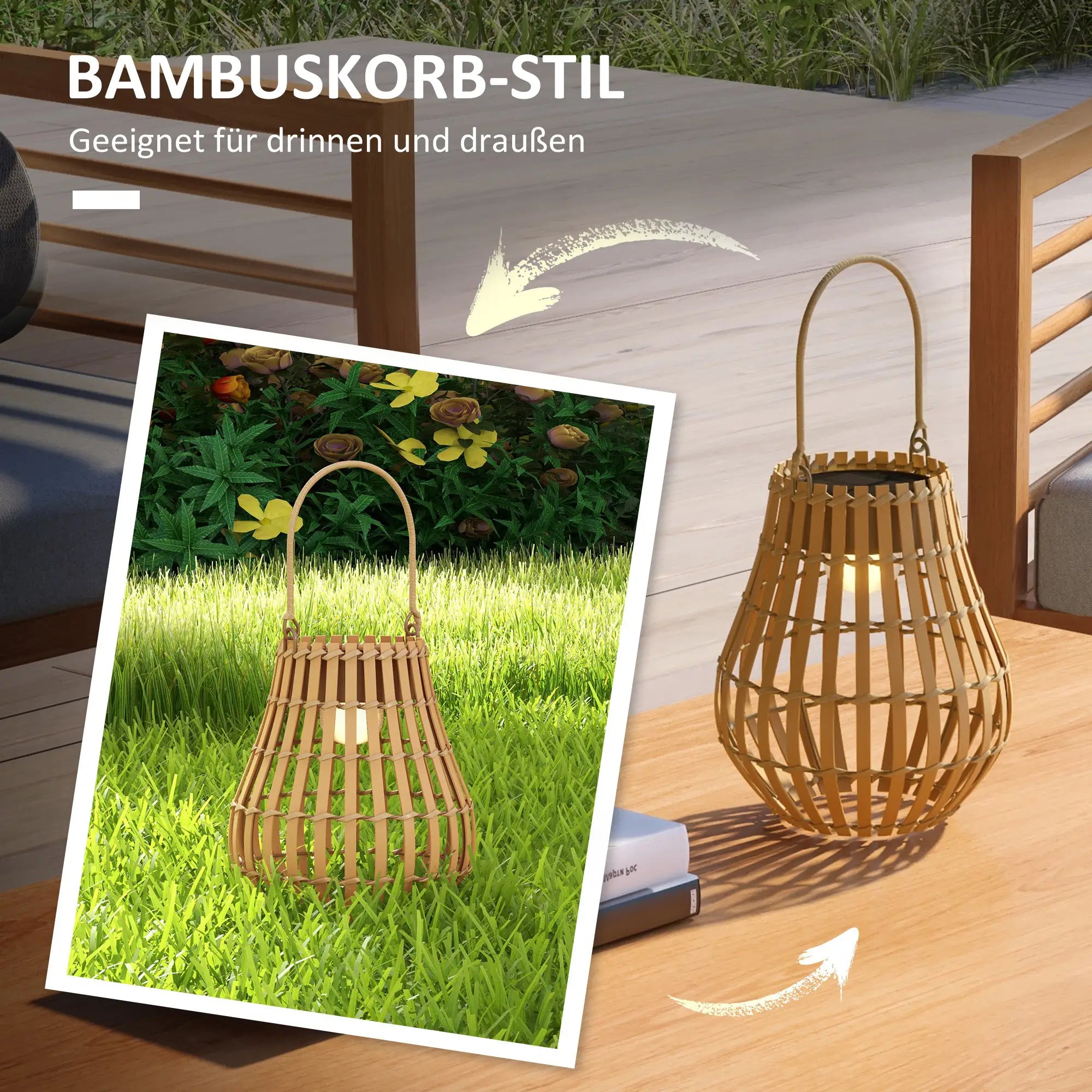 Outsunny Solar Gartenlampe USB aufladbar Bambus-Lampenschirm