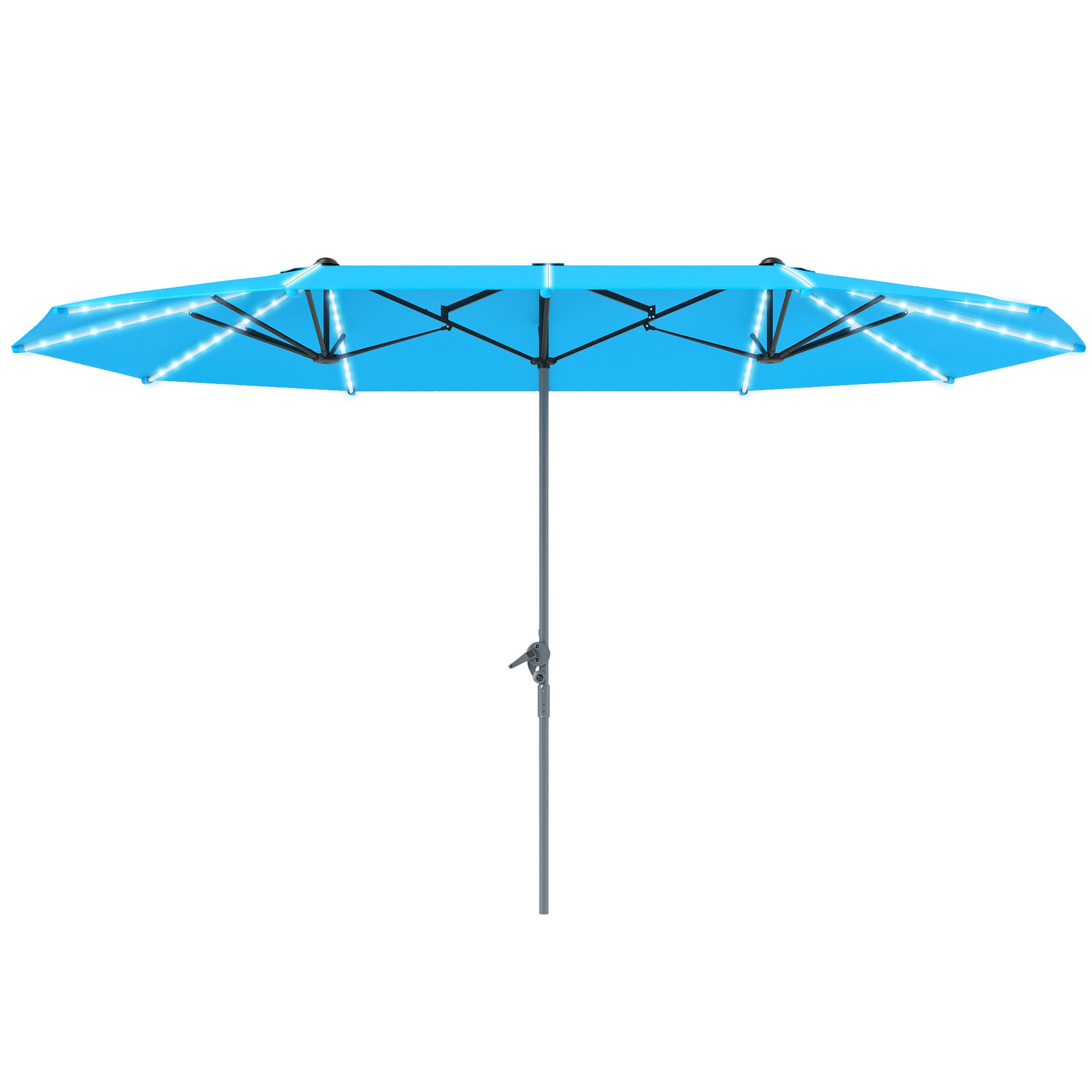 Outsunny Doppelschirm mit Solar-Lichtern, Aluminium, Polyester, UPF50+ Schutz, UV-beständig, Terrassenschirm, Blau
