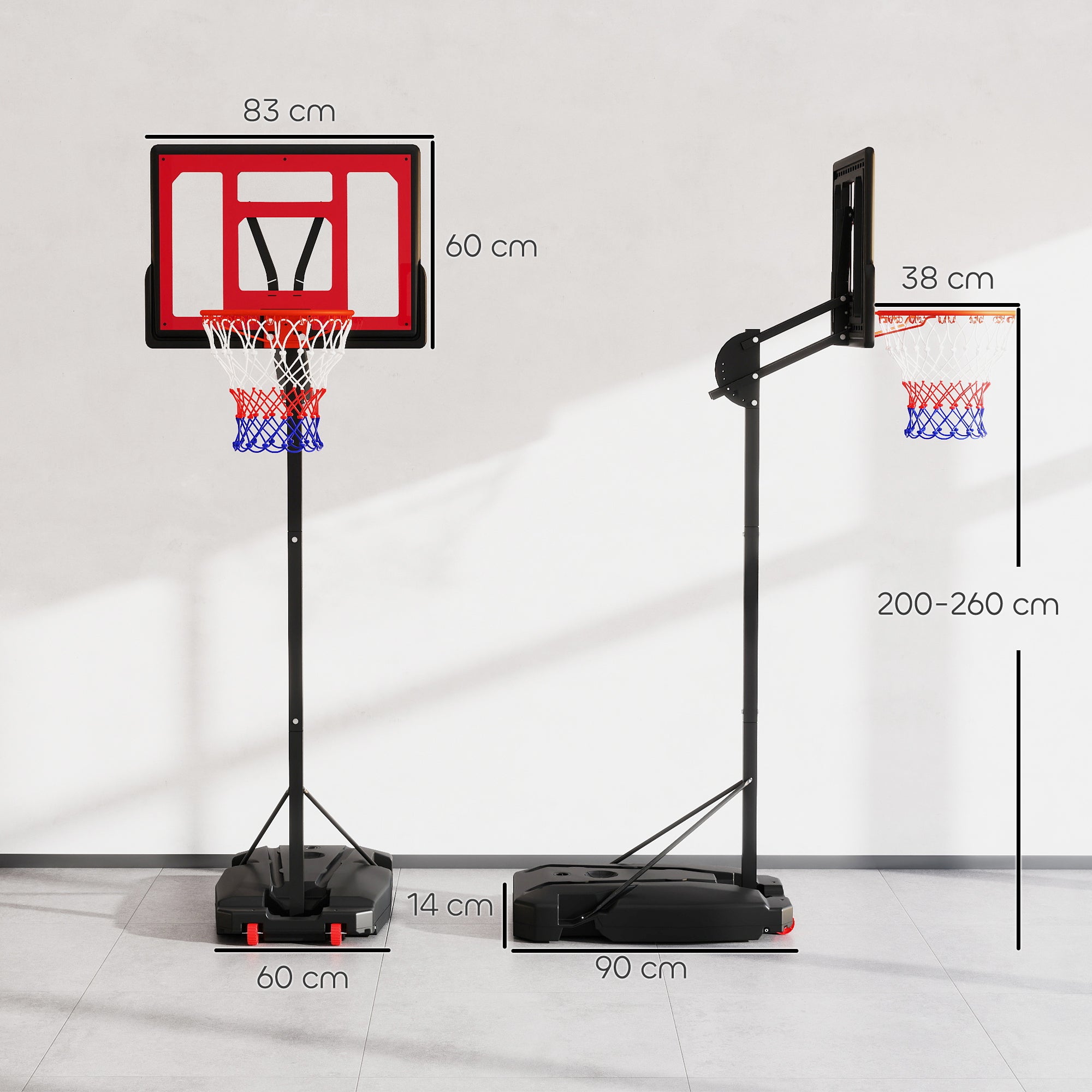 AIYAPLAY Kinder-Basketballkorb, Outdoor-Basketballkorb für Kinder, 200-260 cm höhenverstellbar, mit Rädern, ab 6 Jahren, Rot