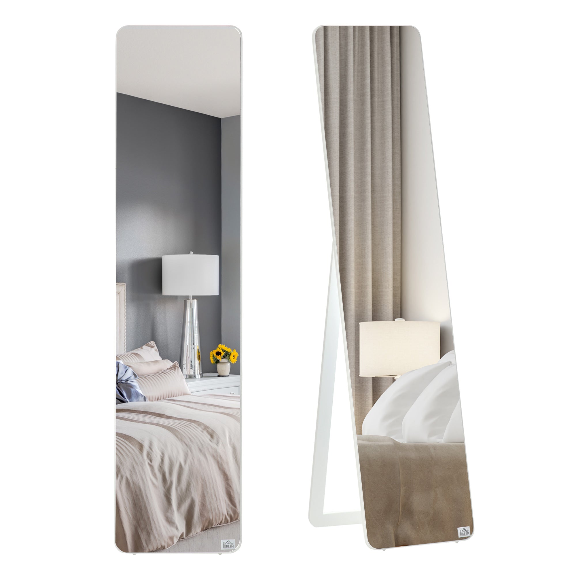 HOMCOM Standspiegel Ganzkörperspiegel mit klappbaren Rahmen Schminkspiegel frei stehend oder an der Wand montiert stabil für Wohnzimmer oder Ankleidezimmer Kiefernholz MDF Weiß 37 x 43 x 156 cm