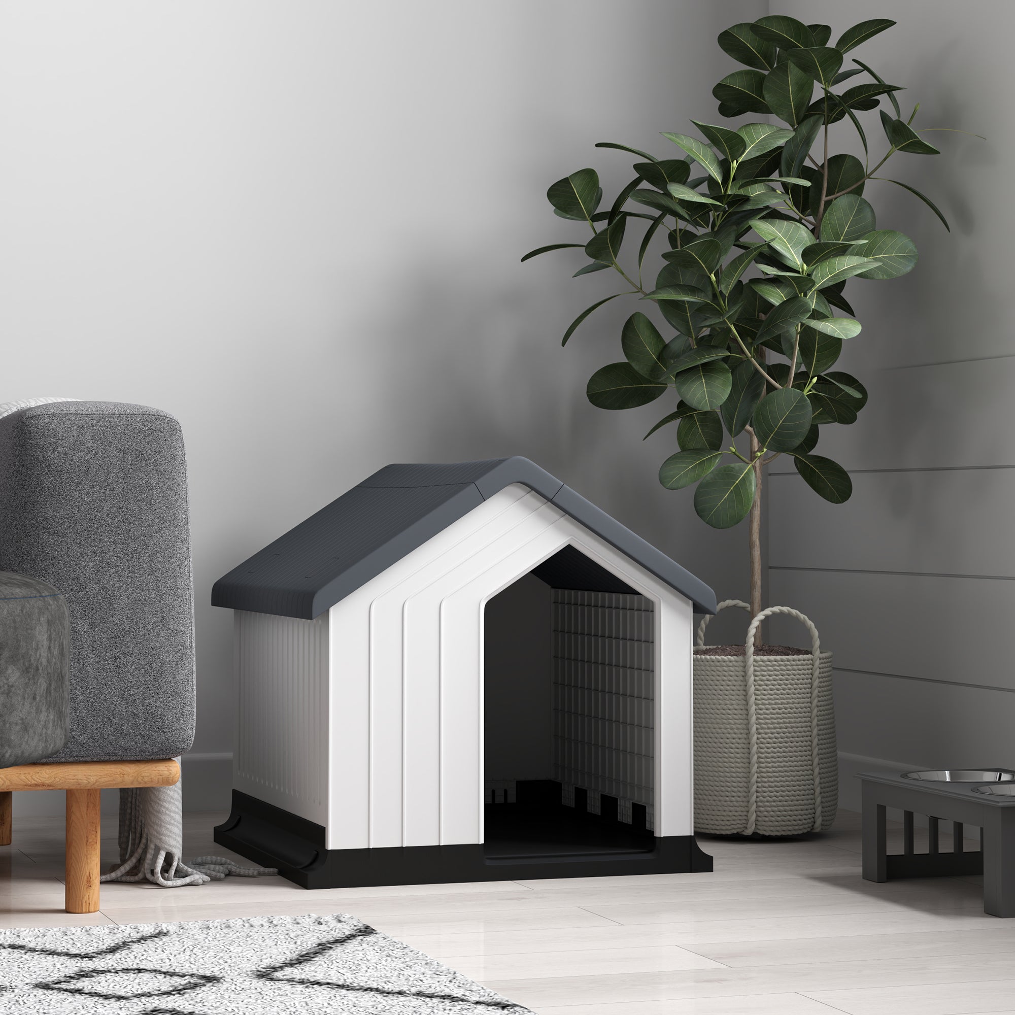 PawHut Hundehütte, wetterfest, Fenster & Tür, für kleine Hunde bis 10kg/40cm Länge, 62x61x60cm, Grau/Weiß