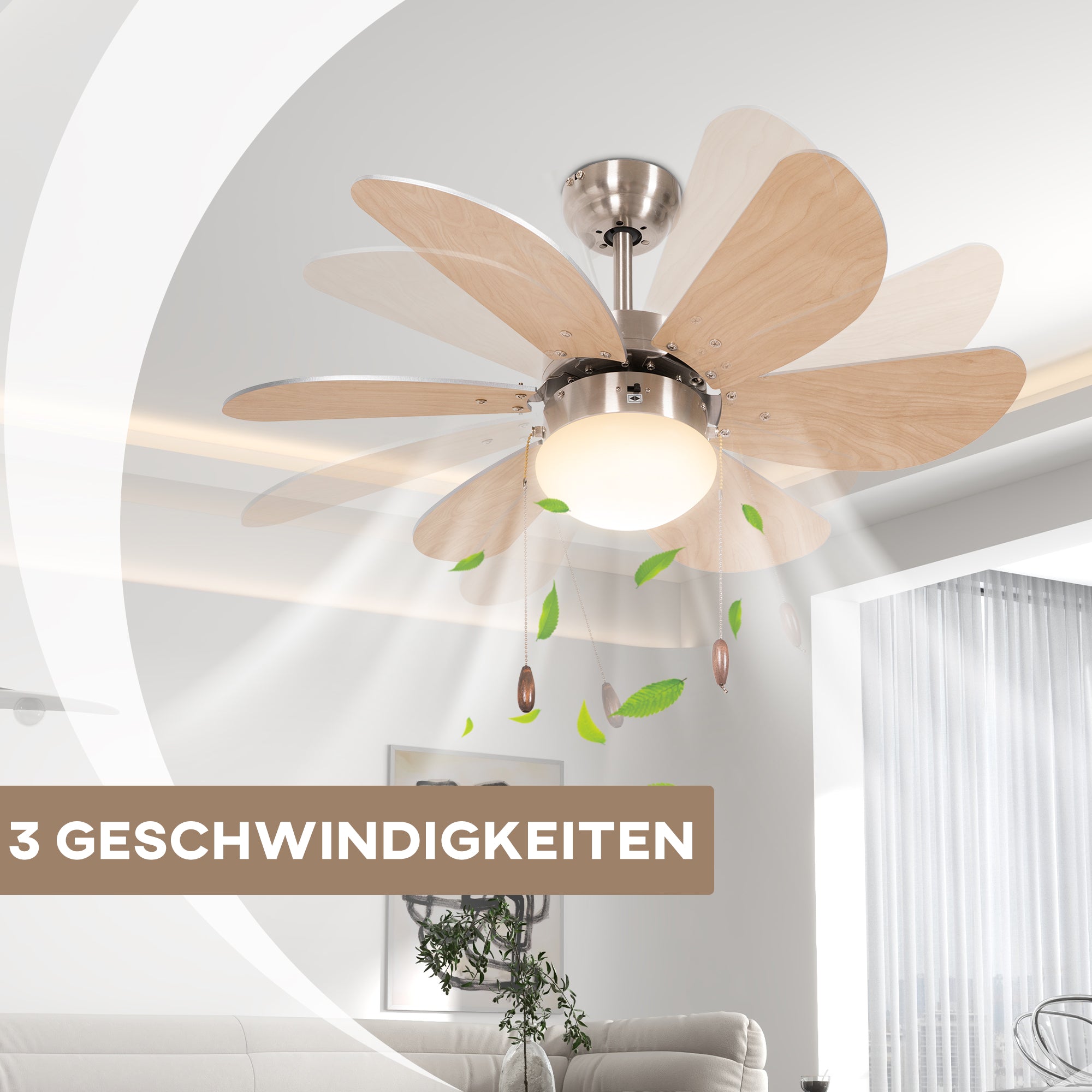 HOMCOM Deckenventilator Deckenventilator mit Licht, Kettenzugschalter, 3 Geschwindigkeiten, 76 cm x 76 cm x 41,5 cm, Weiß