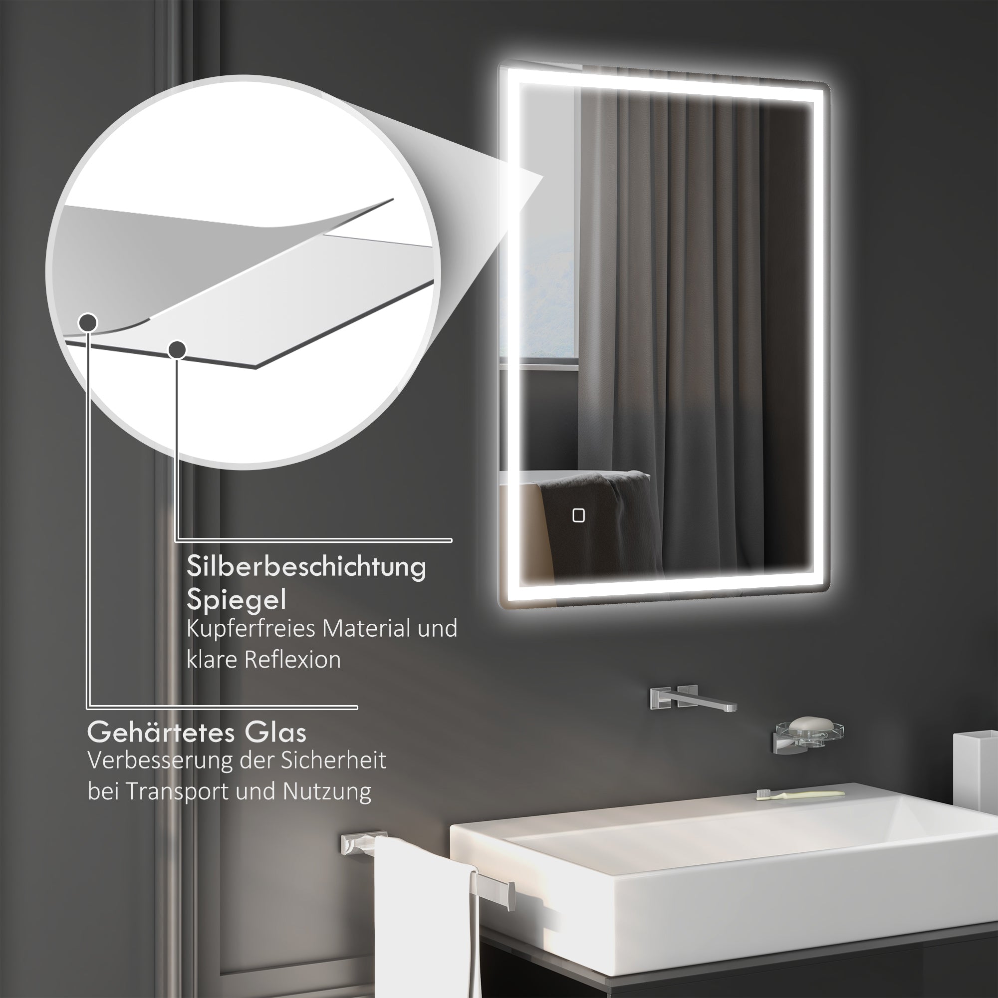 HOMCOM Badspiegel Badezimmerspiegel Wandspiegel LED´s. Ber, gsschalter, Antibeschlagfunktion, 60 x 80 x 4 cm, Weiß