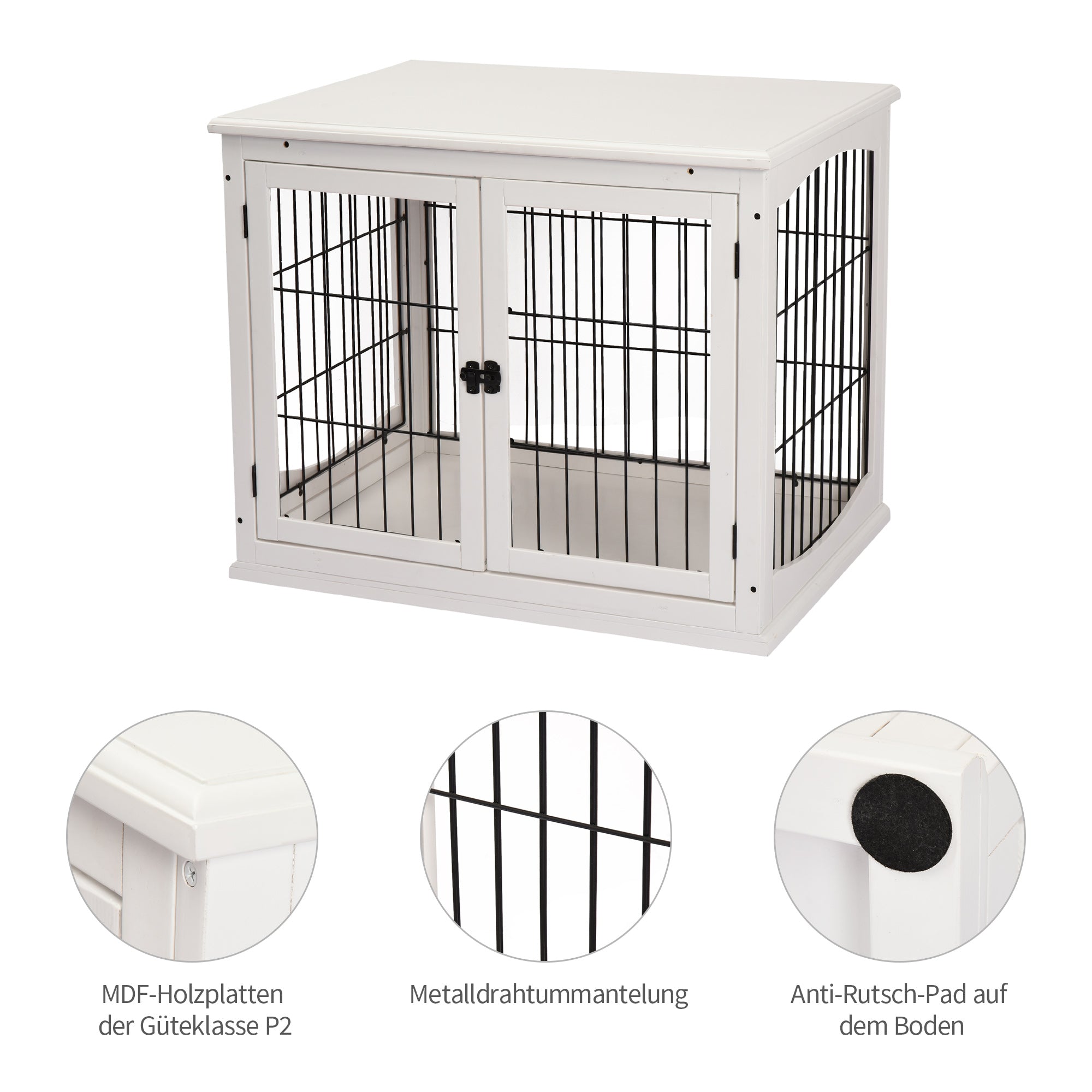 PawHut Transportbox für Hunde 58,5 cm x 81 cm x 66 cm Türen, MDF-Holz Eisen, 58, 5 cm x 81 cm x 66 cm, Weiß