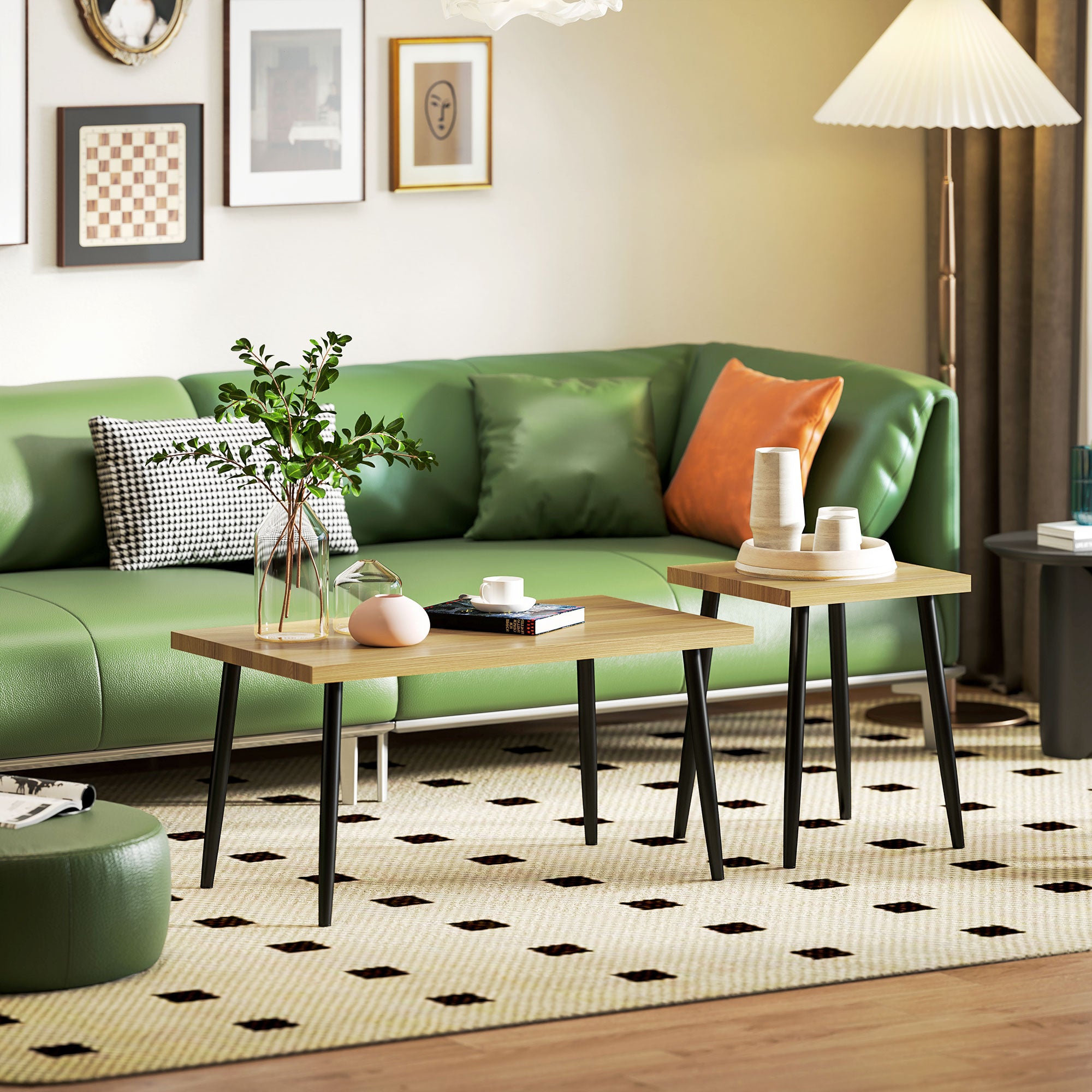 HOMCOM 2er-Set Kaffeetische, Großer und kleiner Tisch mit Metallrahmen und Holzplatte, Flexible Couchtische, Naturholz