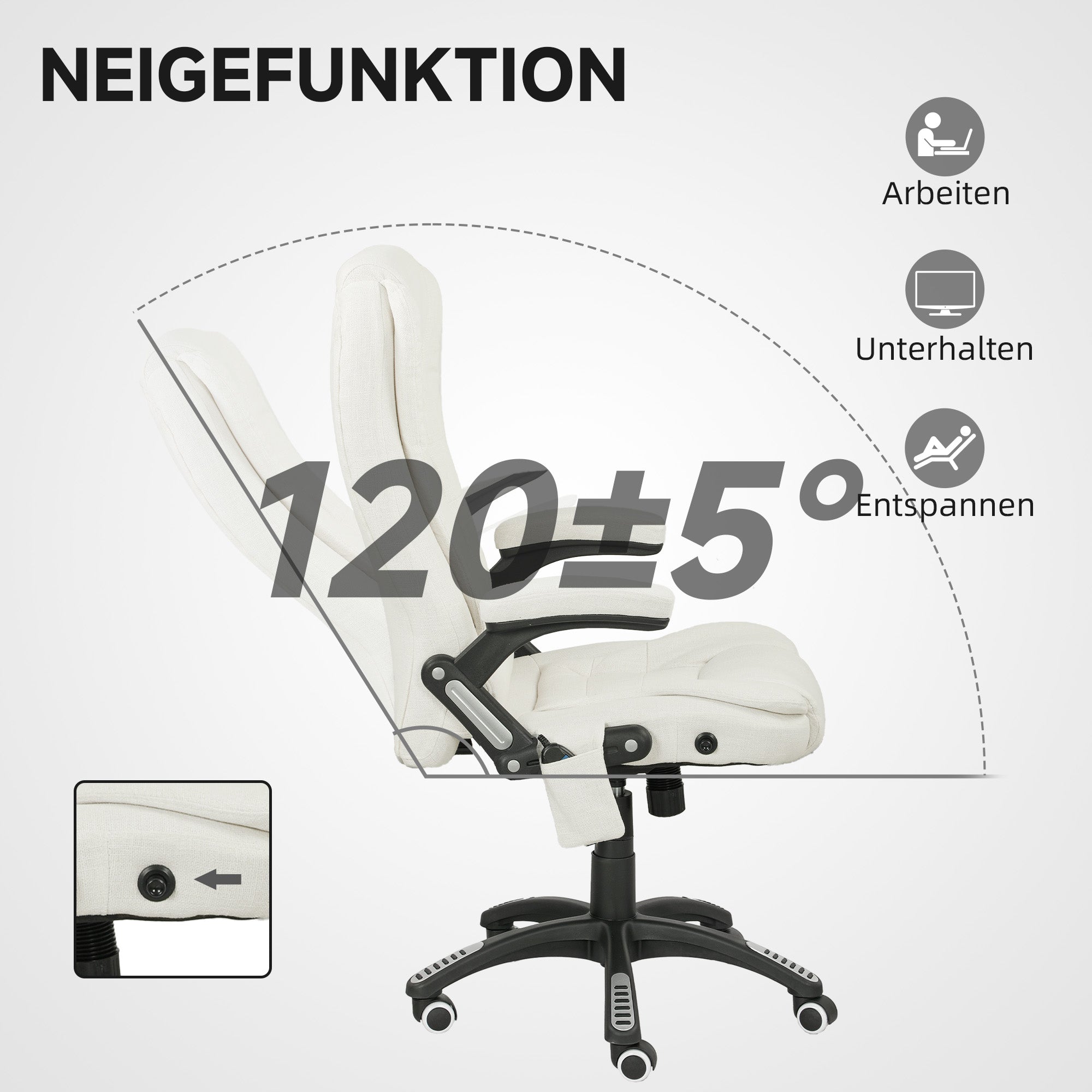 Vinsetto Ergonomischer Schreibtischstuhl mit Massagefunktion, 68 x 72 x 110–120 cm, Cremeweiß