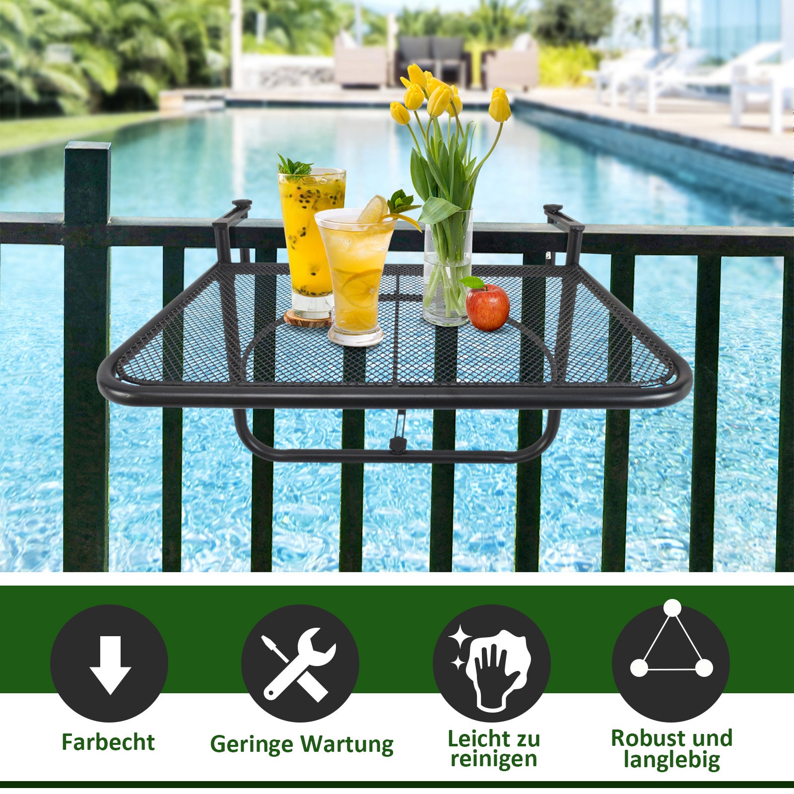 Outsunny Balkonhängetisch Gartentisch höhenverstellbar viereckig Terrasse Metall Schwarz L60 x B56,5 x H45 cm