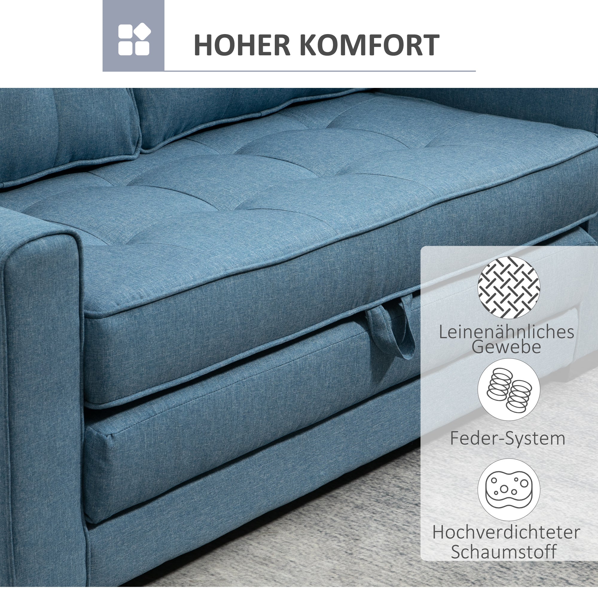 HOMCOM Schlafsofa Klappsofa 2-Sitzer Stoffsofa Bettsofa Sofa mit Schlaffunktion Sofagarnitur Leinen-Touch Gummiholz Blau 147,5 x 75 x 85 cm