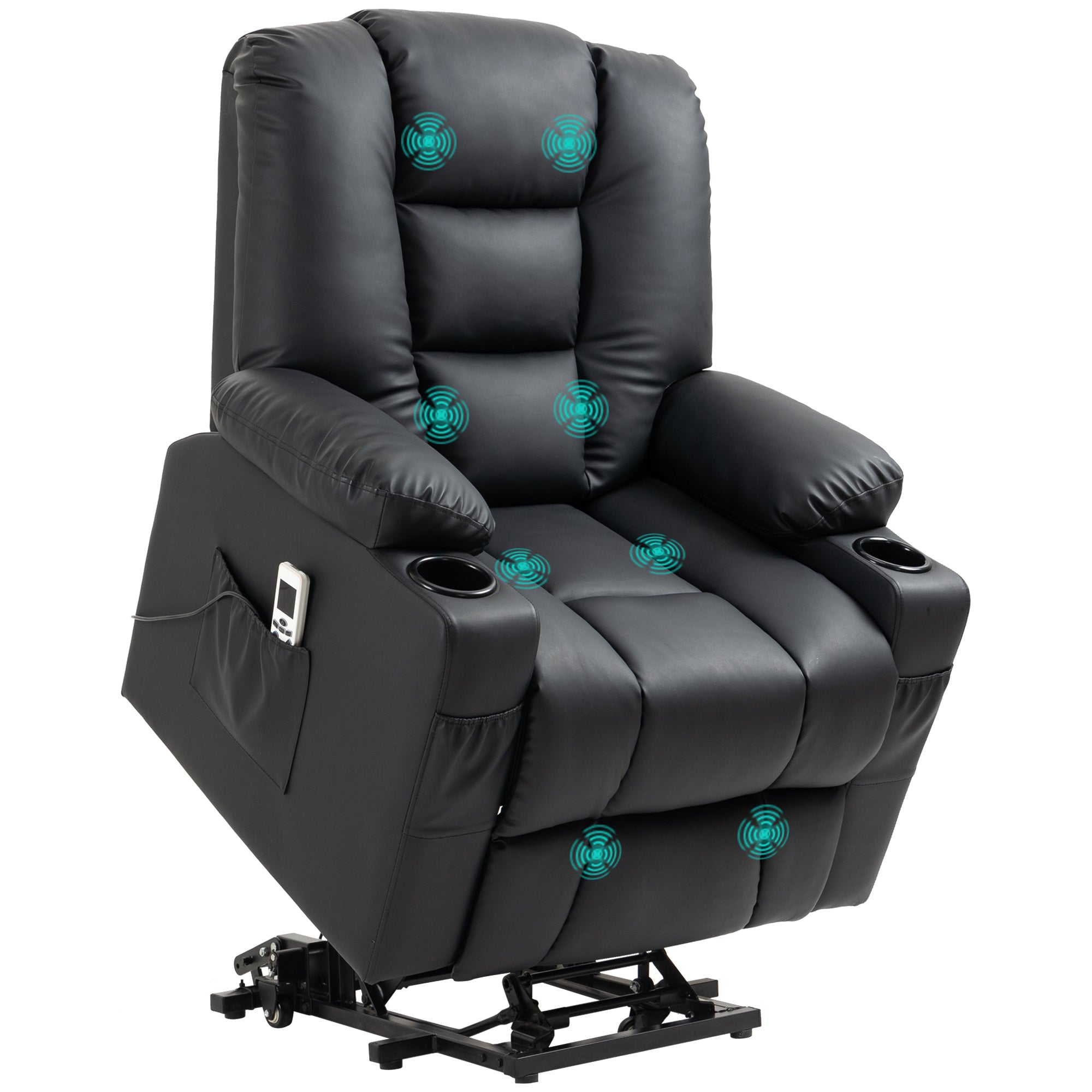 HOMCOM Relaxsessel mit Aufstehhilfe, USB, Massagefunktion, Kunstleder, bis 150 kg, 90x98x102 cm, Schwarz