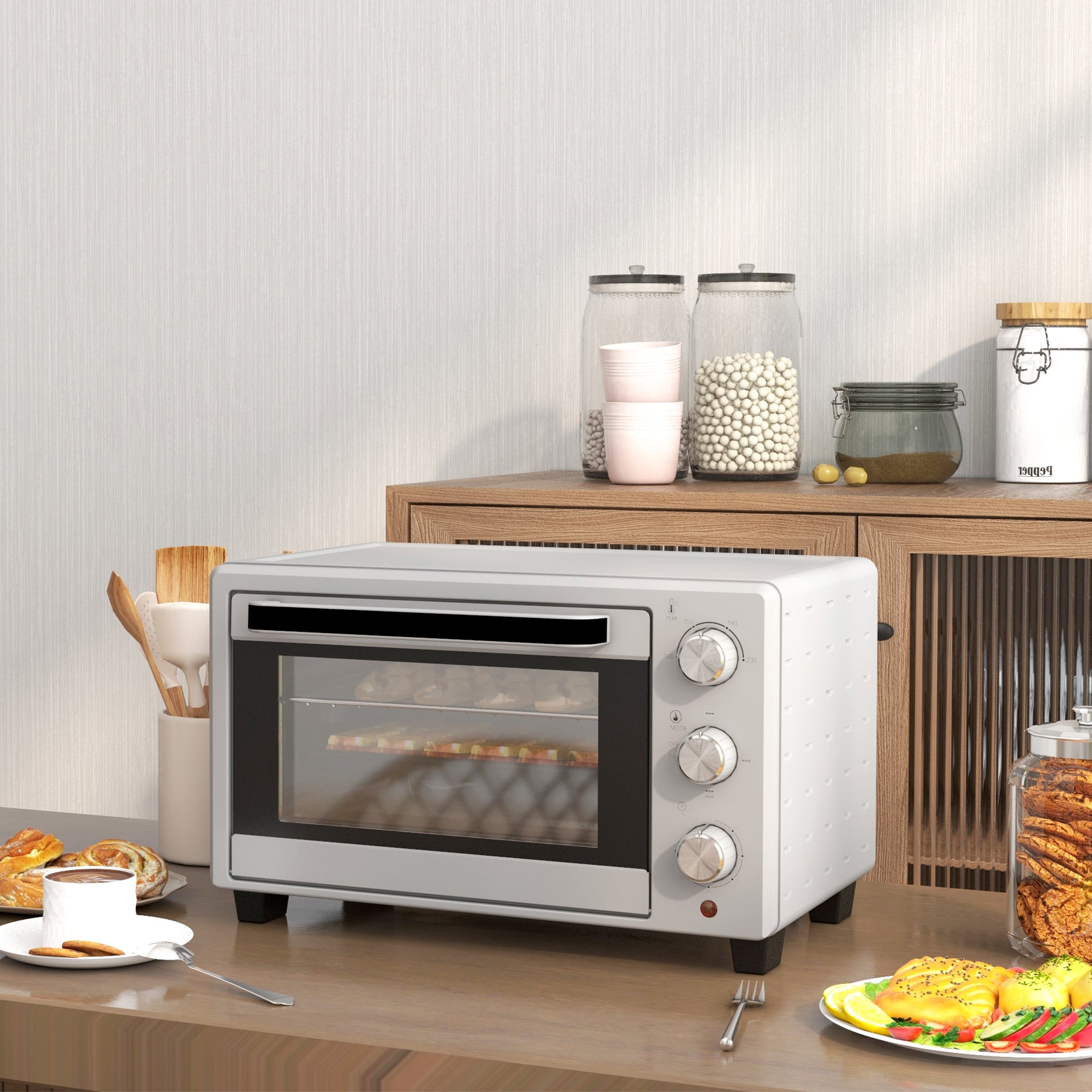 HOMCOM Minibackofen, 21 L Toasterofen mit 1 Drahtgestell und 1 Backblech, 3 Kochmodi, 100 °C-230 °C, Edelstahl, Glas, Silber