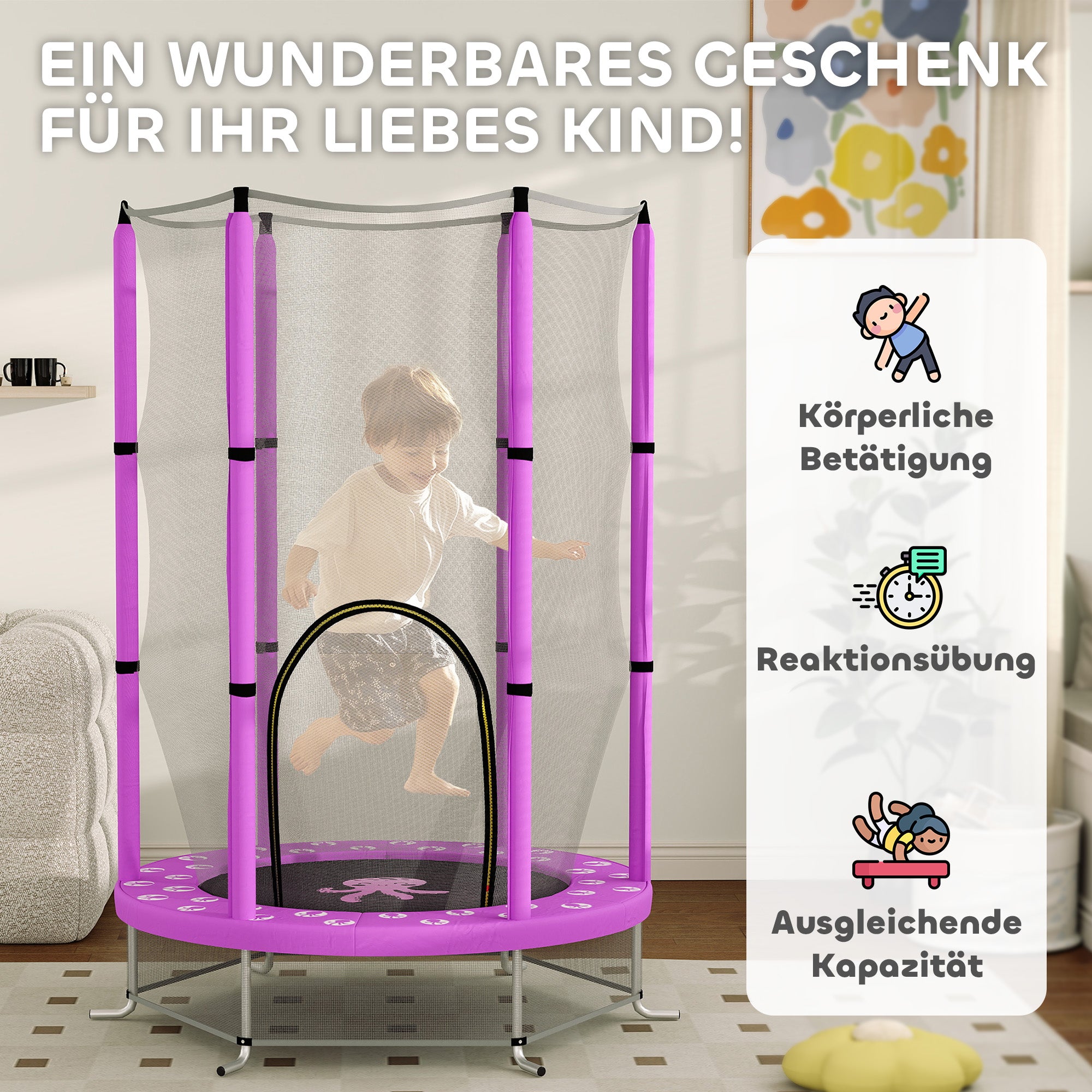 AIYAPLAY Kindertrampolin mit Sicherheitsnetz, für den Innen- und Außenbereich, 3-6 Jahre, Violett