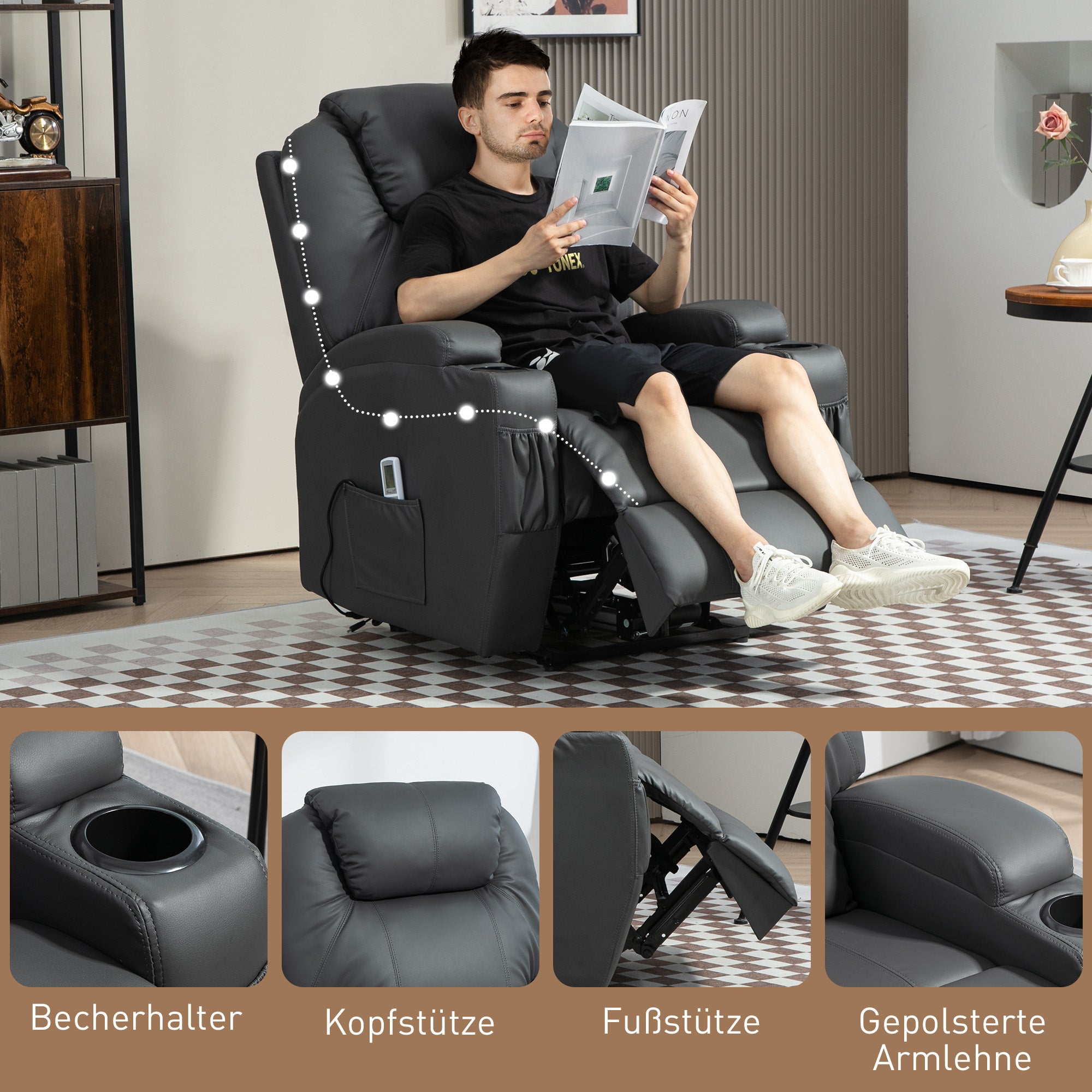 HOMCOM Massagesessel, elektrisch verstellbar, 8 Vibrationspunkte, Becherhalter, Kunstleder, Dunkelgrau