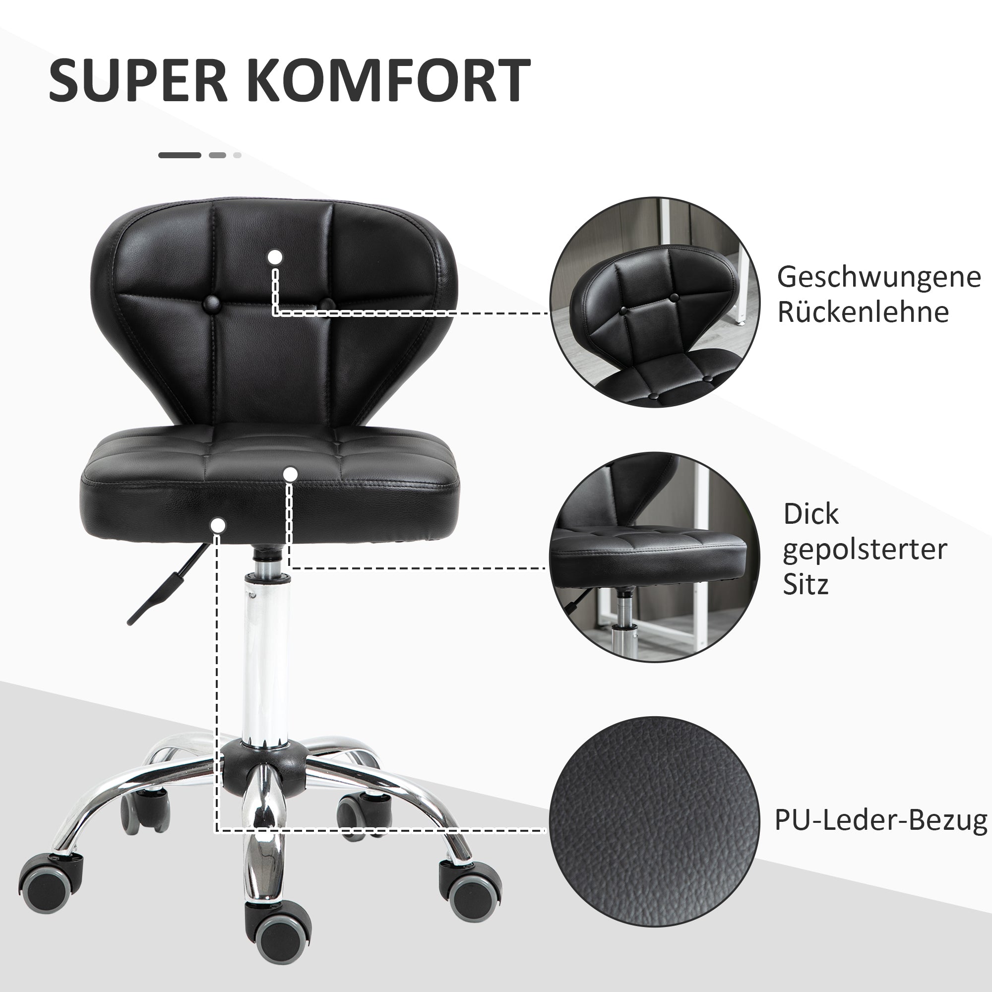 HOMCOM 2er-Set Arbeitshocker mit Rückenlehne Rollhocker aus Kunstleder Drehhocker mit Lehne Kosmetikhocker Rollhocker Bürohocker 72-87 cm höhenverstellbar Büro Dunkelgrau 45 x 47 x 72-87 cm
