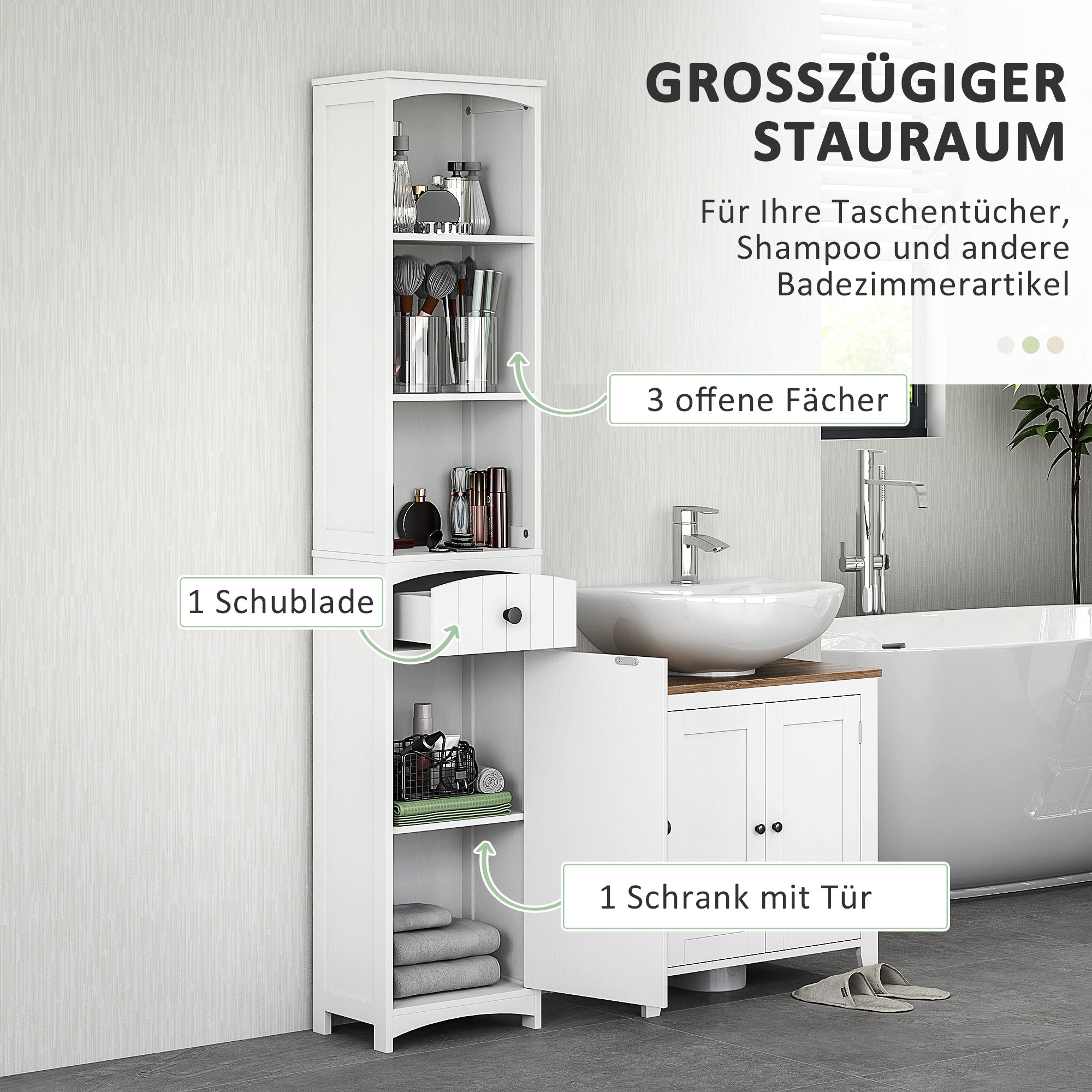 HOMCOM Badezimmerschrank mit 3 Regalen, 1 Schublade, robust, MDF, Weiß