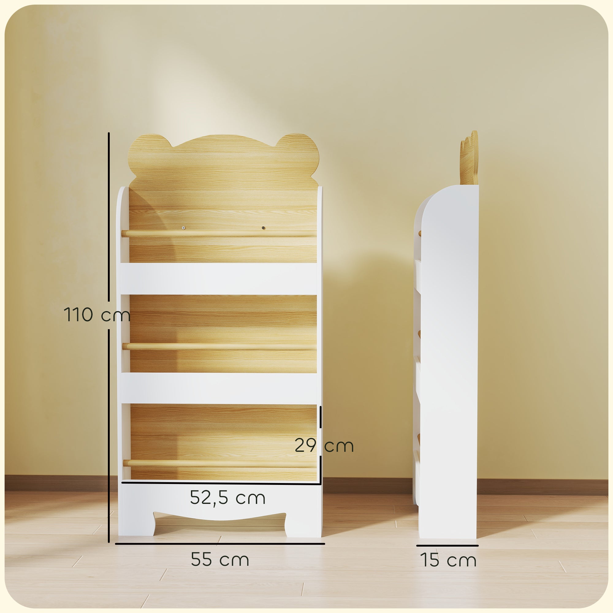 AIYAPLAY Bücherregal für Kinder Kinderregal mit 3 Ablagen Aufbewahrungsregal aus Holz 55x15x110cm Weiß
