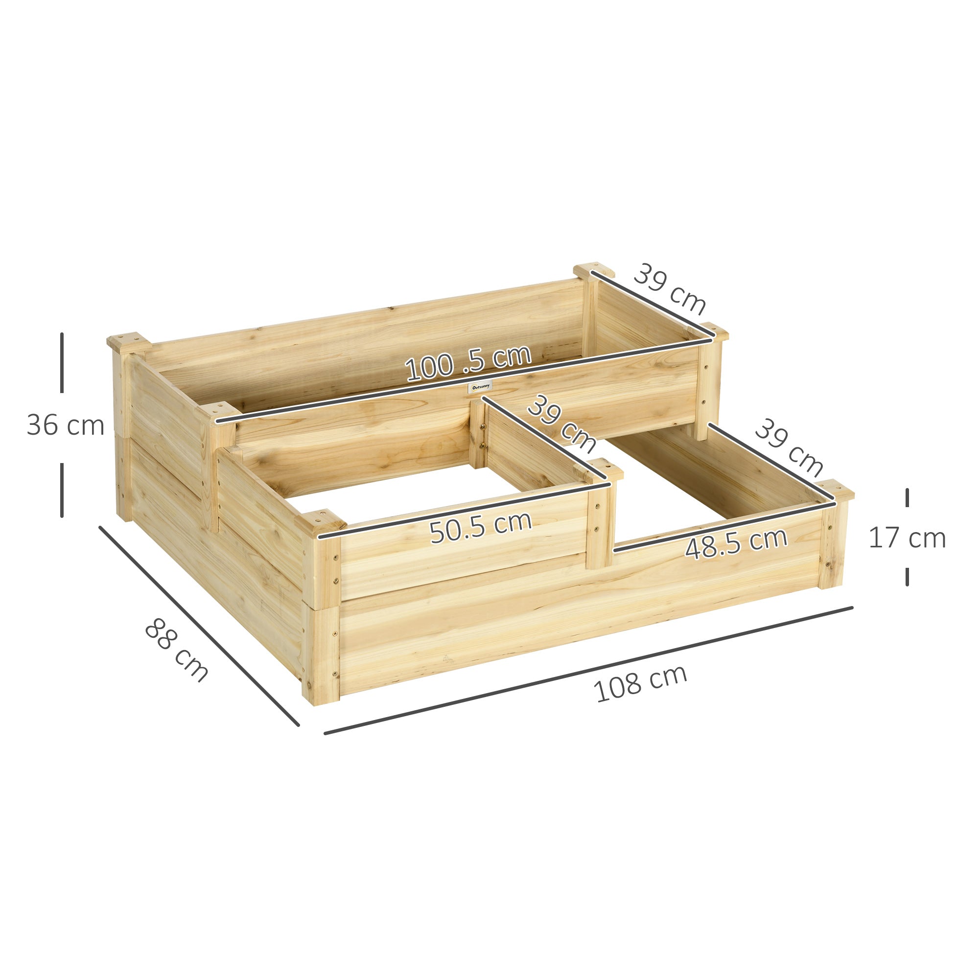 Outsunny Hochbeet mit 3 Pflanzkästen, 3-stufiges Design, offenere Boden, 108 cm x 88 cm x 36 cm, Natur