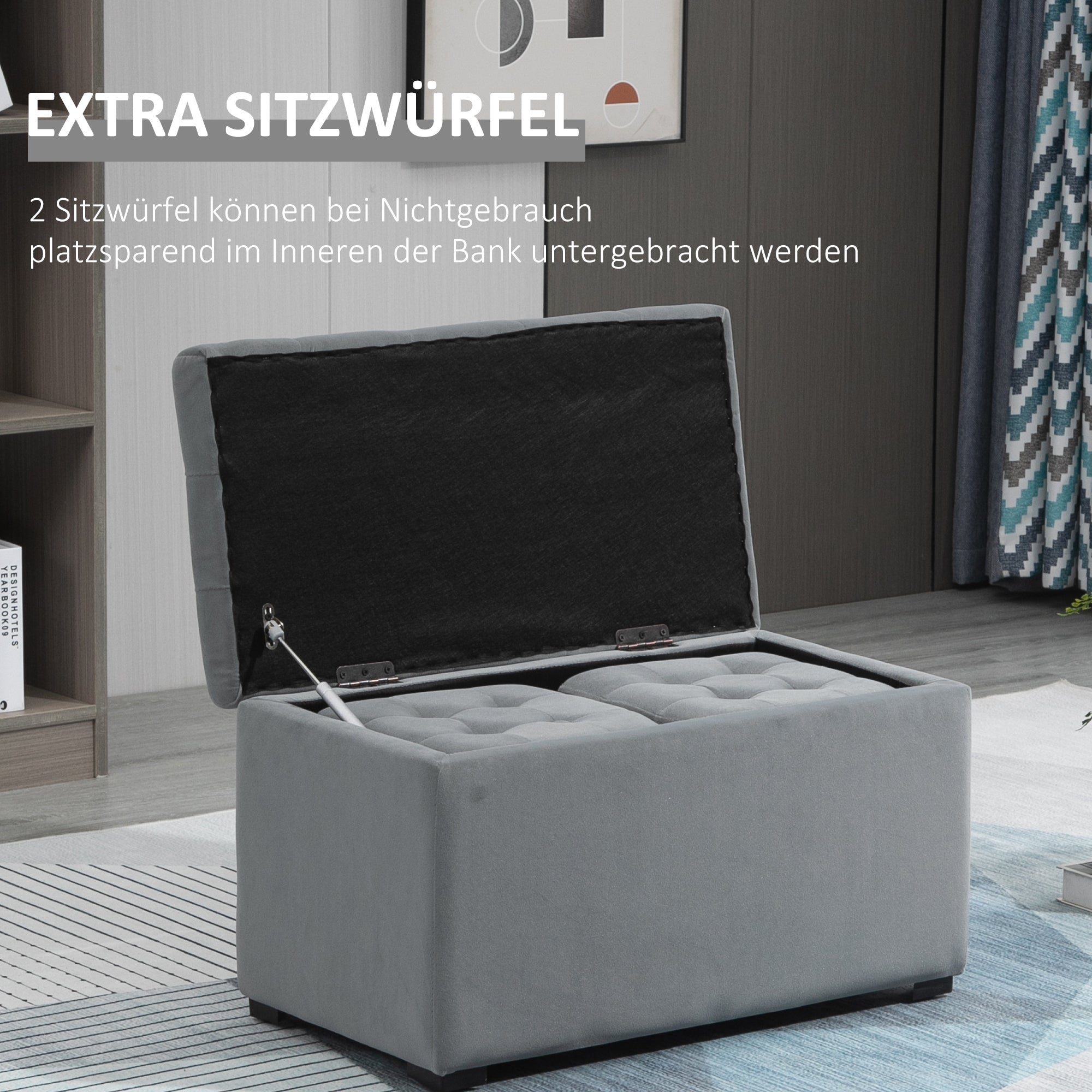 HOMCOM 3-teiliges Set mit Stauraum, 2 x Sitzhocker, Polster-Sitztruhe, Fußhocker, Aufbewahrungsbox, Fußablage, belastbar bis 130 kg, Mikrofaserstoff, Schaumstoff, 75 x 40 x 42 cm, Hellgrau