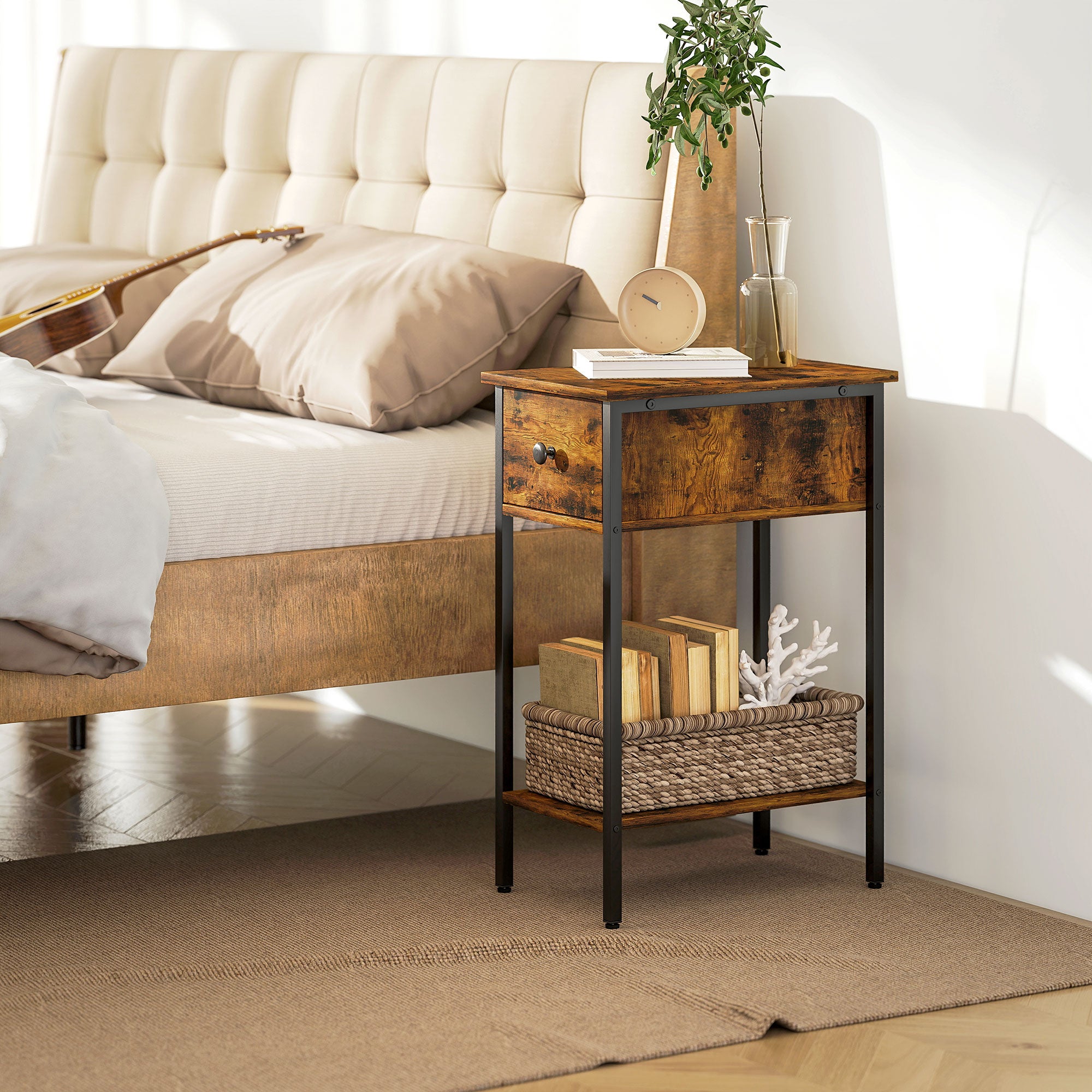 HOMCOM Beistelltisch mit offenem Fach und Schublade, Nachttisch, Metallbeine, Holz, Braun