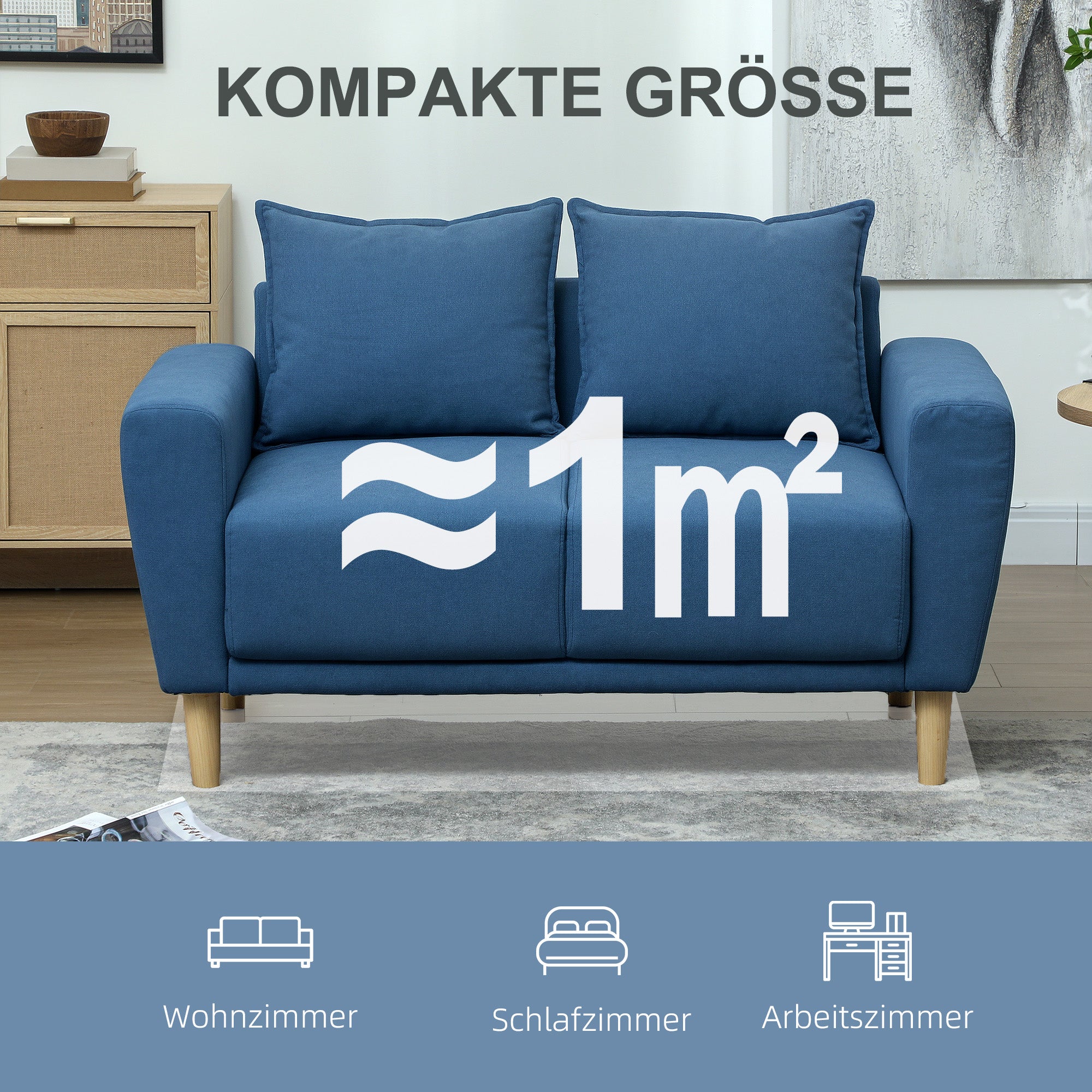 HOMCOM Zweisitzer-Sofa, moderne Stoffcouch, 2 Rückenkissen, Eukalyptus-Holzrahmen, 133 x 73 x 81 cm, Blau