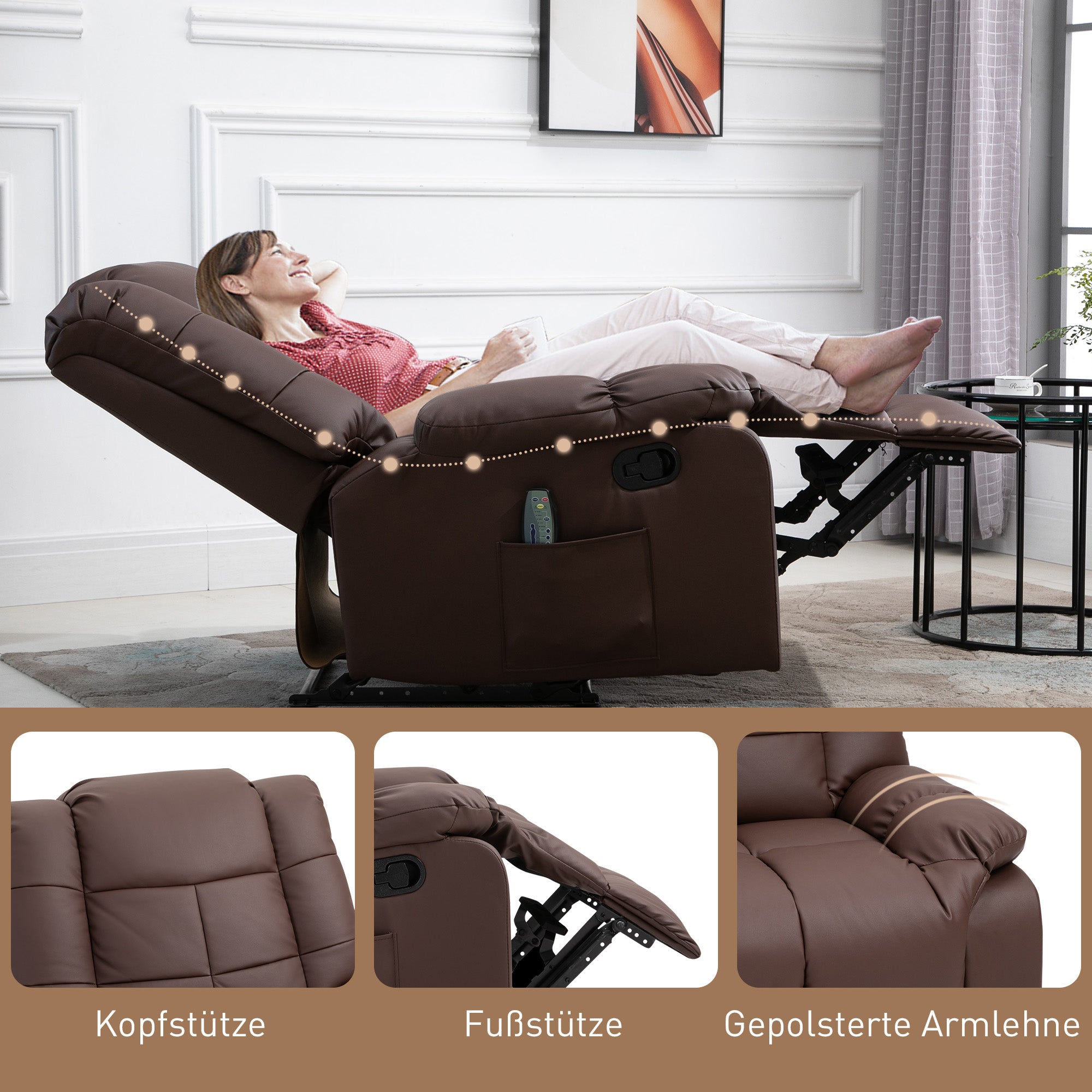 HOMCOM Massagesessel neigbar mit Fernbedienung 94 x 99 x 99cm Kunstleder Braun