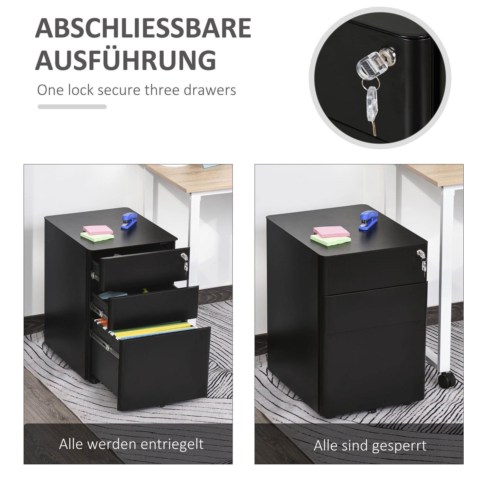 Vinsetto Rollcontainer, mobiler Aktenschrank mit 3 Schubladen, abschließbarer Büroschrank mit Hängeregistratur, Aufbewahrung, Stahl, 39 x 48 x 59 cm Schwarz