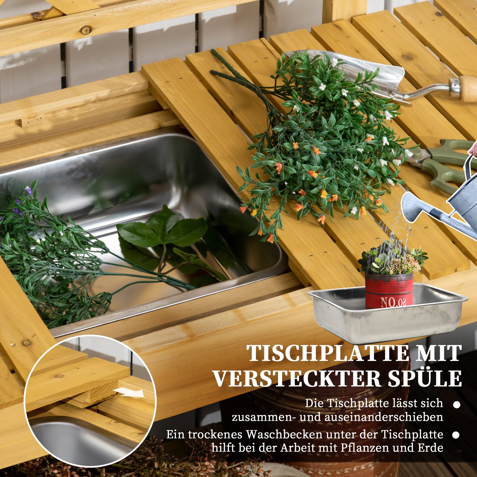 Outsunny Garten-Arbeitstisch, integriertes Edelstahl-Spülbecken, 2 Ablagen, Massivholz, braun, 92 x 45 x 120 cm