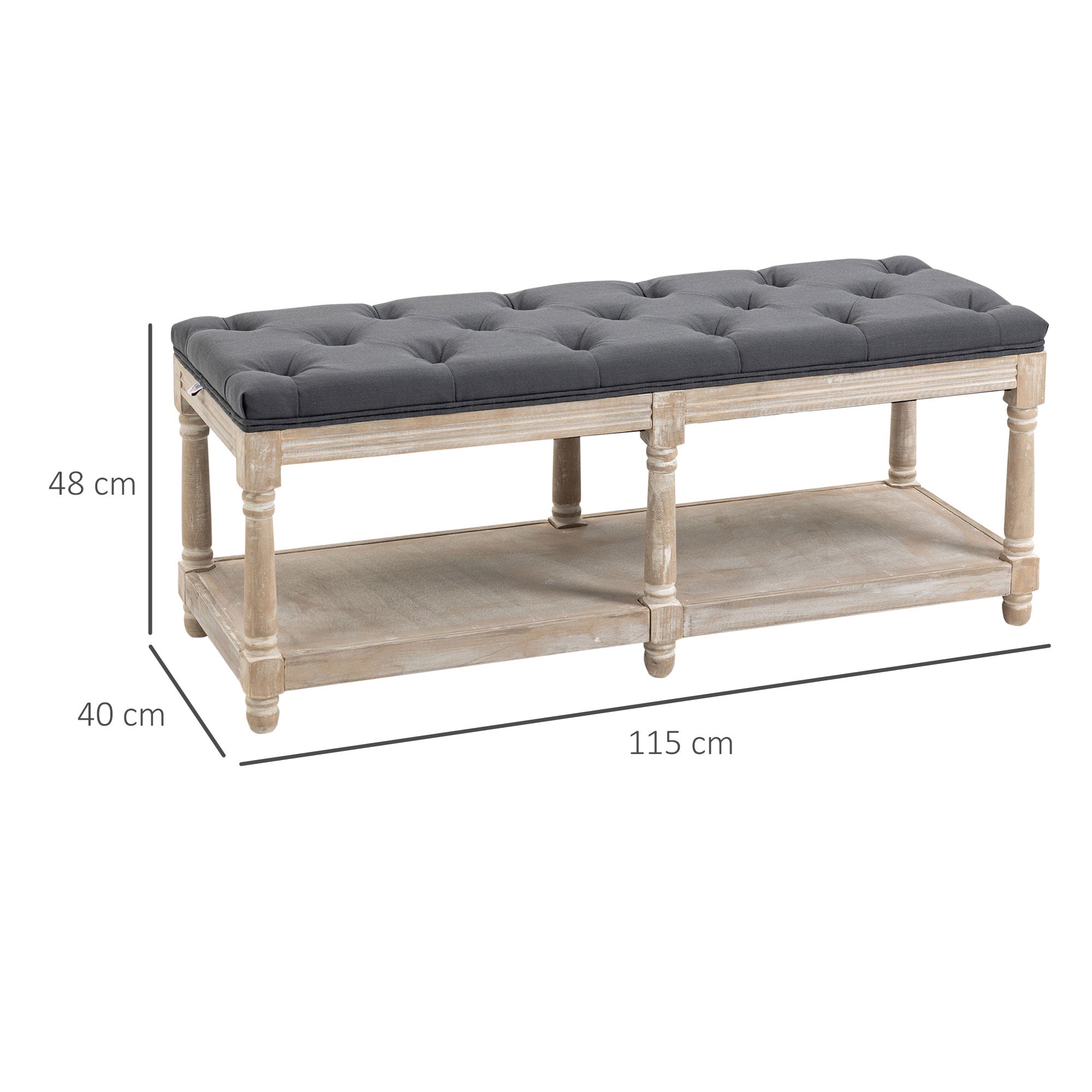 HOMCOM Sitzbank mit Stauraum, Vintage-Design, Knopfheftung, Kautschukbaumholz, 115x40x48cm, Grau