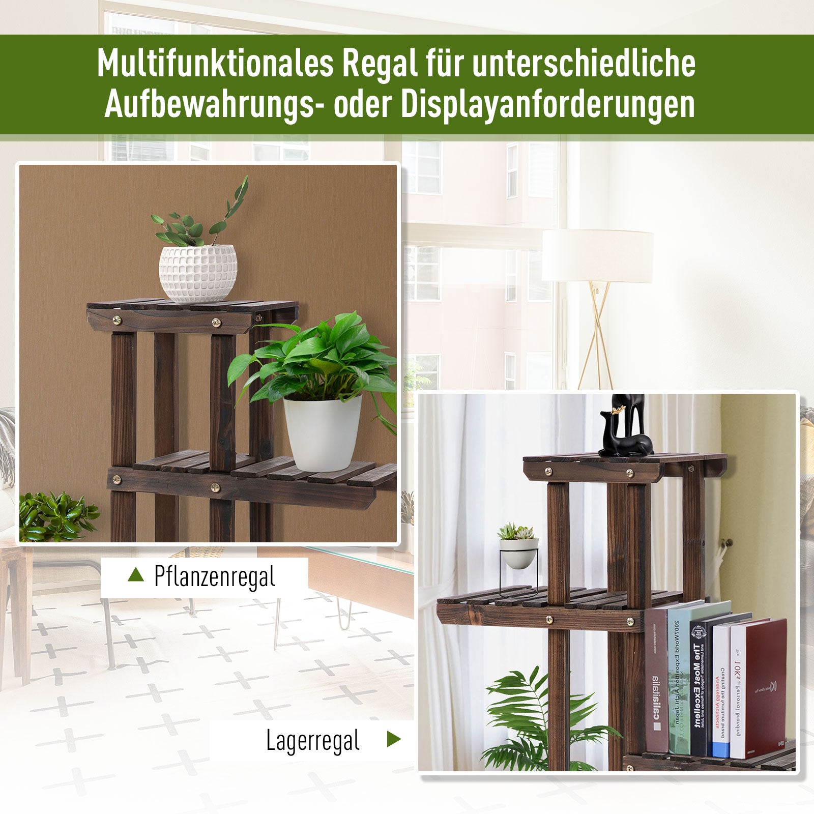 Outsunny Blumentreppe 6 Regale 4 Rollen 123,5 cm × 33 cm × 80 cm Massivholz Braun 123,5 cm × 33 cm × 80 cm