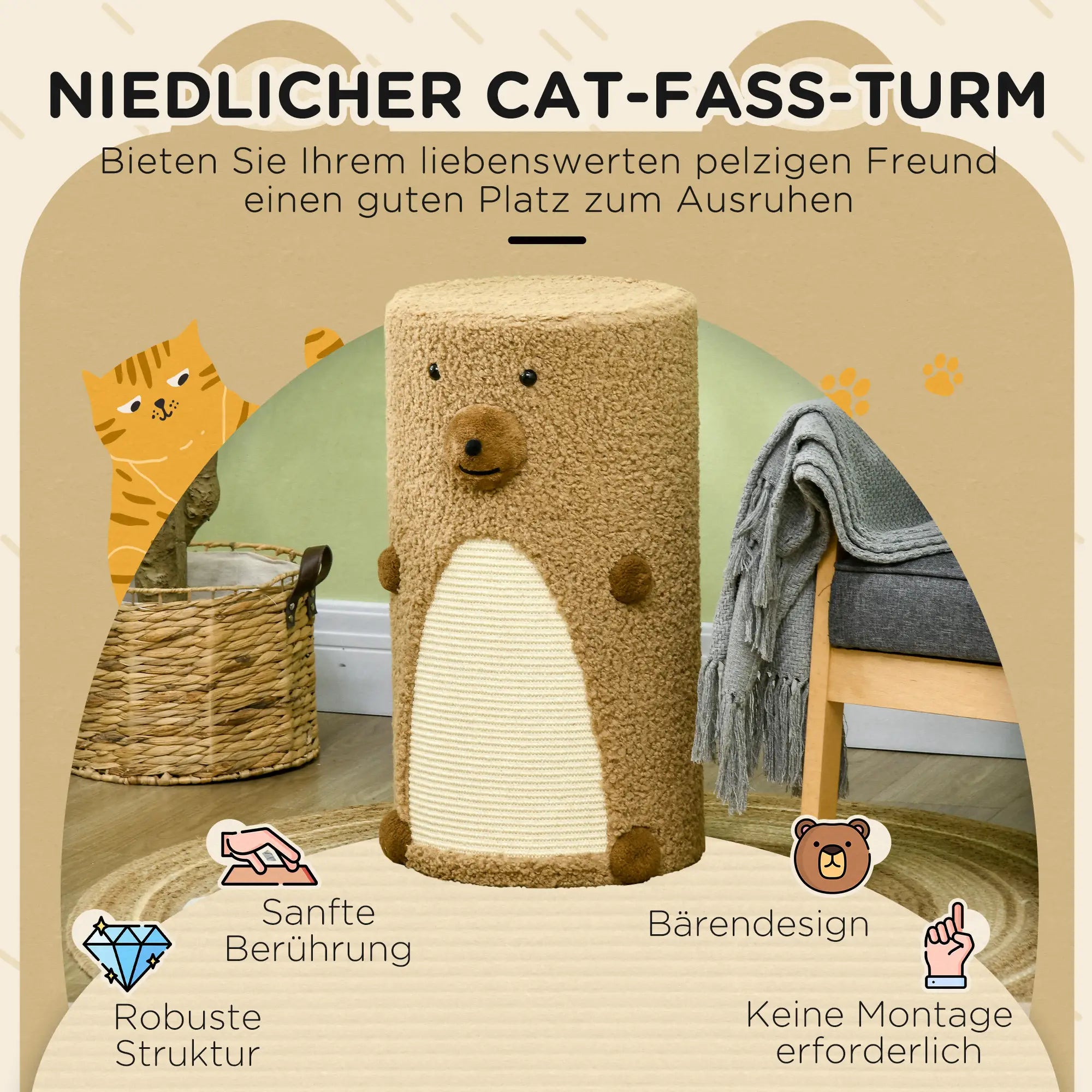PawHut Kratztonne im Bärendesign, 2 Katzenhöhlen, 1 Kratzfläche, Weiß + Braun