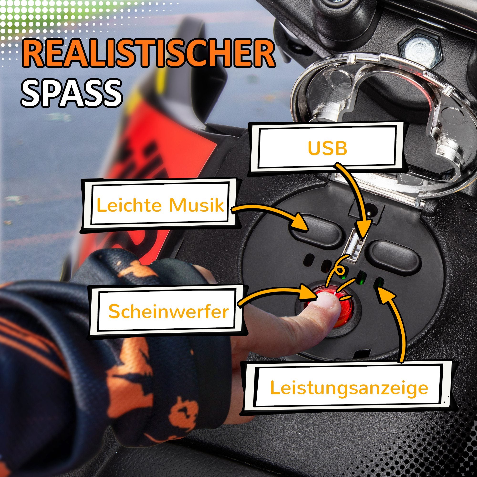 AIYAPLAY 12V Kinder-Motorrad mit Stützrädern, LED-Lichtern, Musik, USB, Elektro-Motorrad für Jungen und Mädchen, Gelb