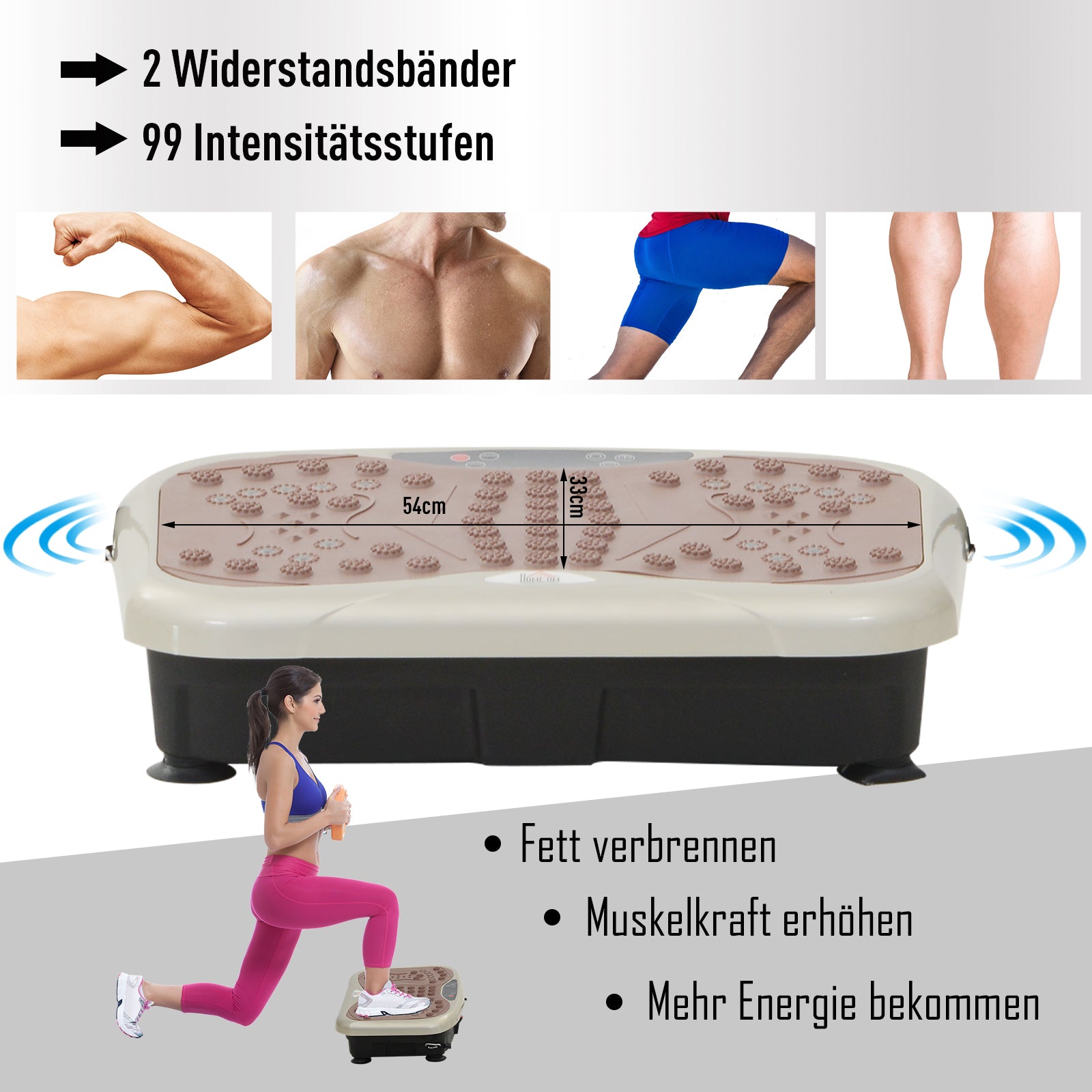 HOMCOM Vibrationsplatte Vibrationstrainer Vibrationsgerät Fitnesstrainer LED-Anzeige USB-Lautsprecher Trainingsbänder Fernbedienung