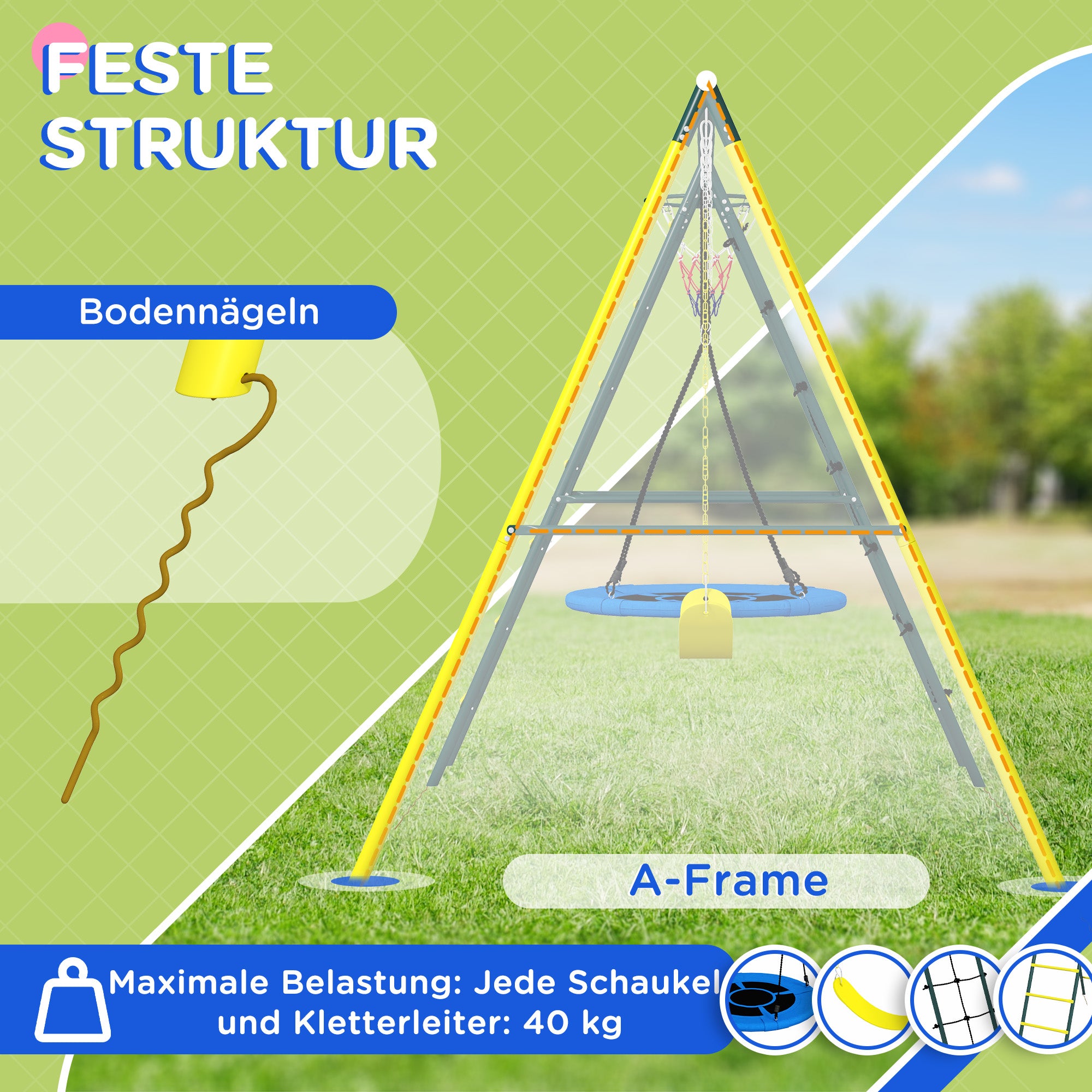 Outsunny Kinderschaukel-Gerüst mit 2 Schaukeln, Basketballkorb, Kletterleiter, 267x180x202 cm, Gelb