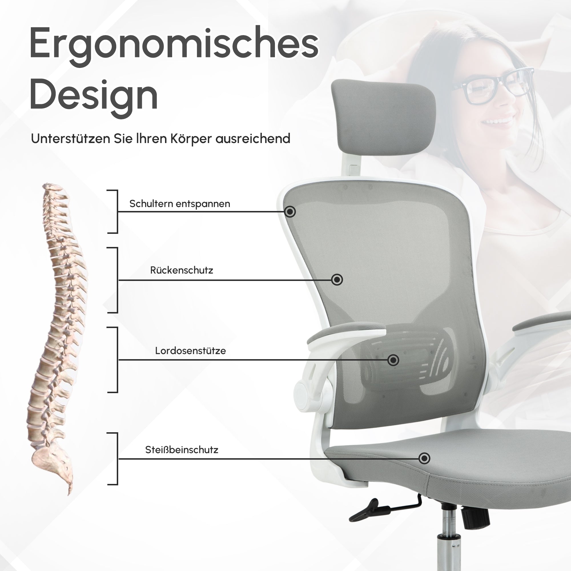 Vinsetto Bürostuhl ergonomischer Shreibtischstuhl mit Wippfunktion hoher Rückenlehne Lendenwirbelstütze Kopfstütze hochklappbarem Arm Home-Office Grau 65 x 64 x 114-122 cm