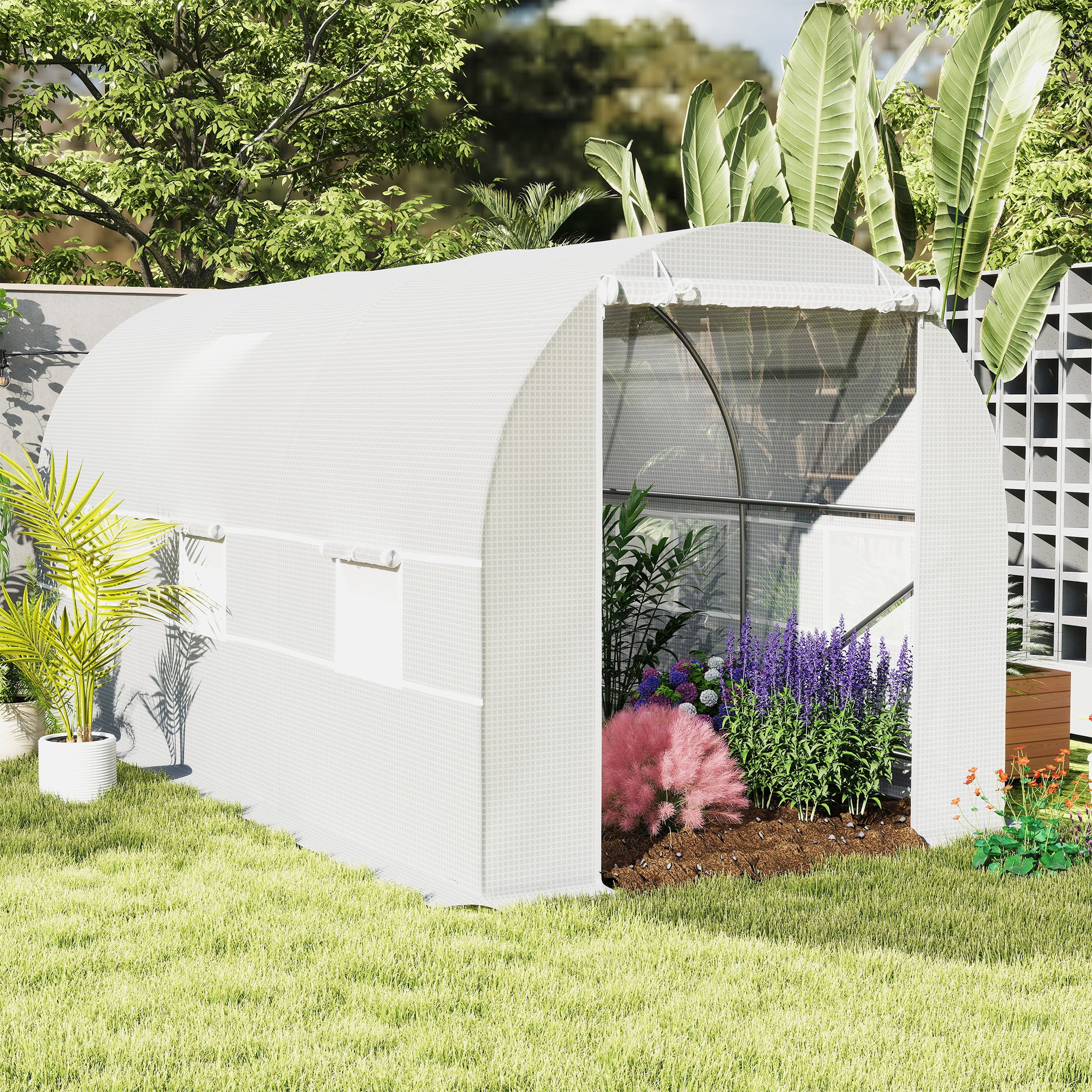 Outsunny Foliengewächshaus Treibhaus begehbar mit Metallrahmen 4,45 x 2 x 2m Weiß
