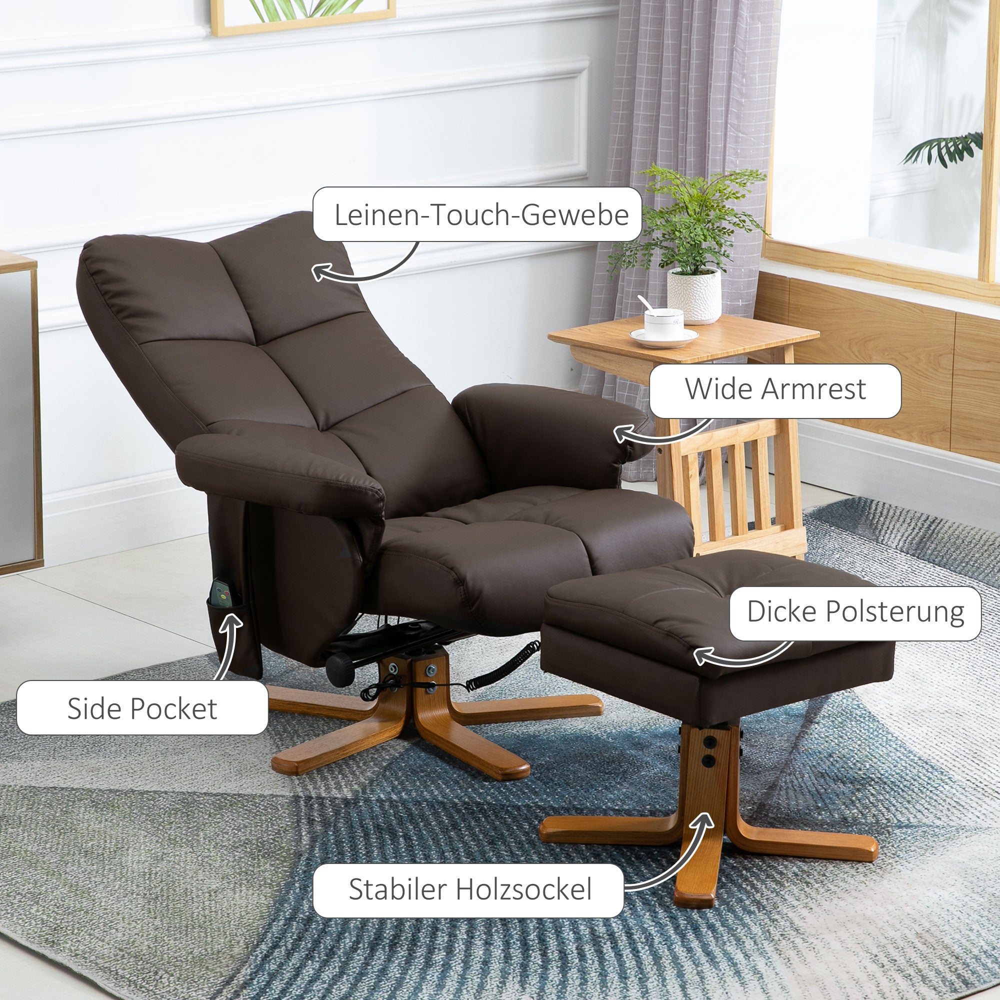 HOMCOM Relaxsessel mit Liegefunktion Massagesessel mit Fußhocker Fernsehsessel TV Sessel 145°-Neigung Liegesessel Ergonomischer Stuhl mit 10 Vibrationpunkte Kunstleder Braun 80 x 86 x 99 cm