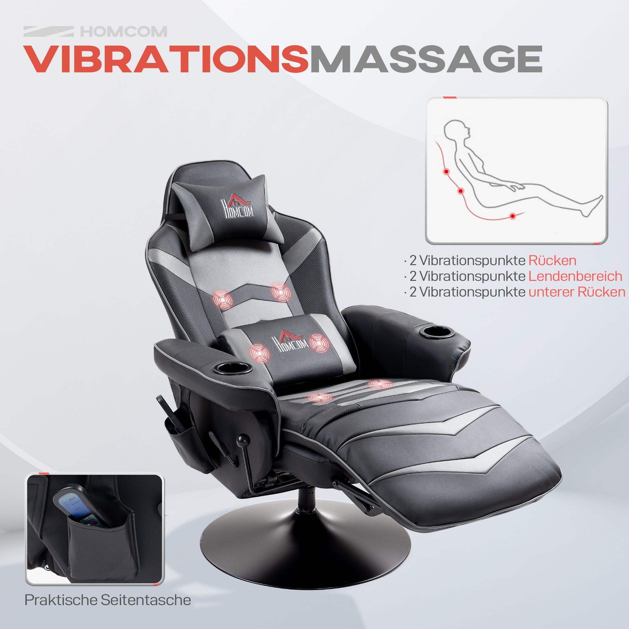 HOMCOM Gamingsessel, Massagefunktion, neigbare Lehne, Fußstütze, bis 120 kg, Stahlrahmen, Kunstleder, Grau