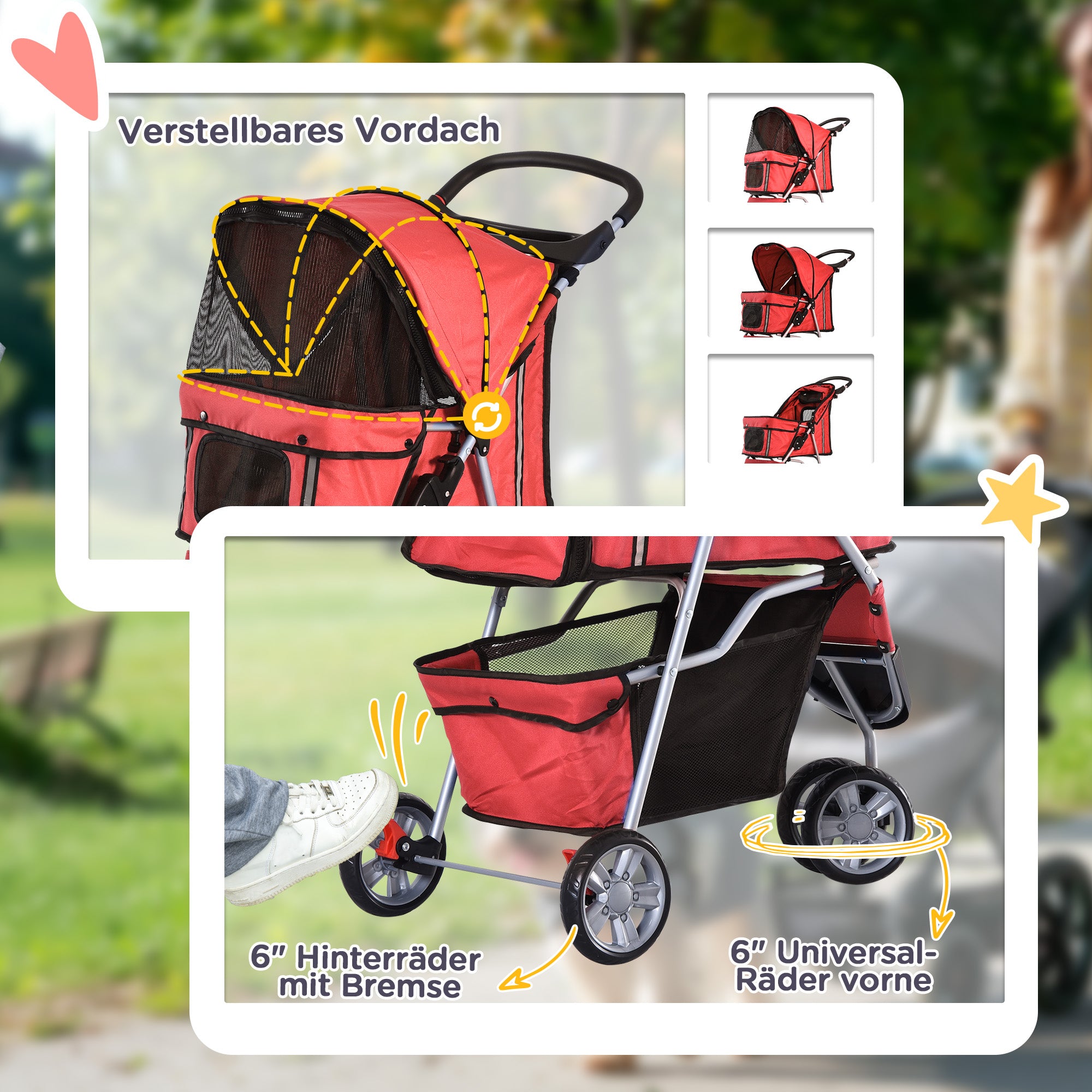 PawHut Hundewagen Hundebuggy bis 10 kg Klappbar Bodenkorb 2 Becherhalter verstellbares Vordach Rot