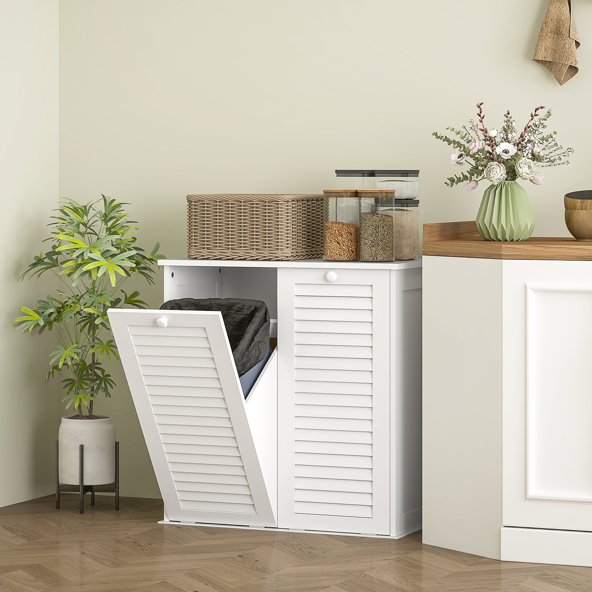 HOMCOM Wäscheschrank, 2 Kippbehälter für Wäsche, 2 Lamellentüren, 70 x 38 x 73 cm, Weiß