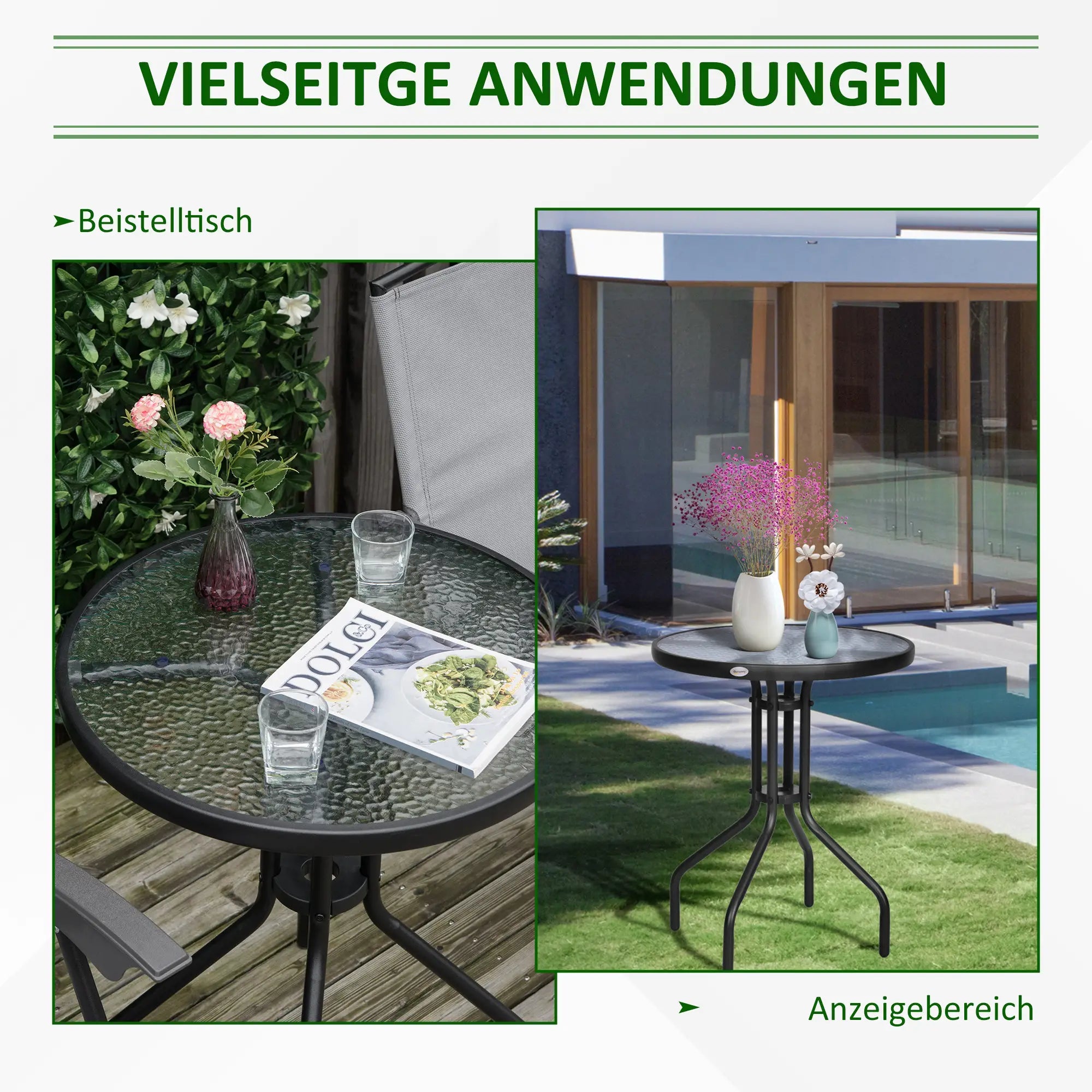 Outsunny Gartentisch Balkontisch Bistrotisch Glastisch Beistelltisch Metall+Sicherheitsglas ∅60xH70cm
