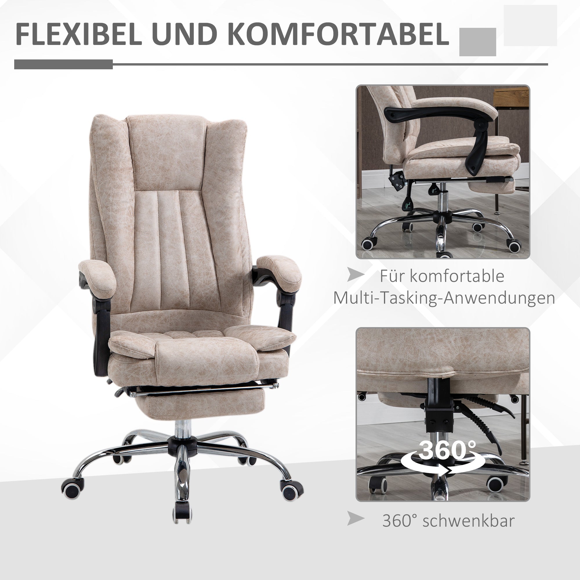 Vinsetto Bürostuhl Drehstuhl mit Liegefunktion Fußstütze Bürosessel Sitzhöhenverstellung Stuhl Schreibtischstuhl Mikrofaser Kunststoff Metall Nylon Beige+Schwarz+Silber 63 x 71 x 110-118 cm